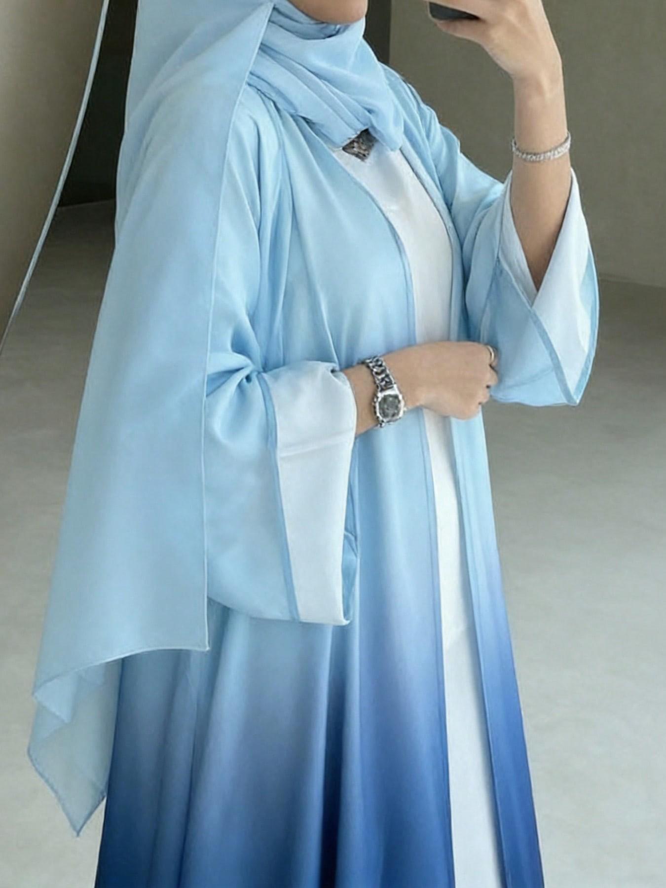 Elegant Light Blue Gradient Abaya Cardigan, Elegant Islamic Clothing, Modest Muslim Long Dress, Islamic Modesty Clothes, Perfect for Spring Summer Daily Wear, Stylish and Comfortable