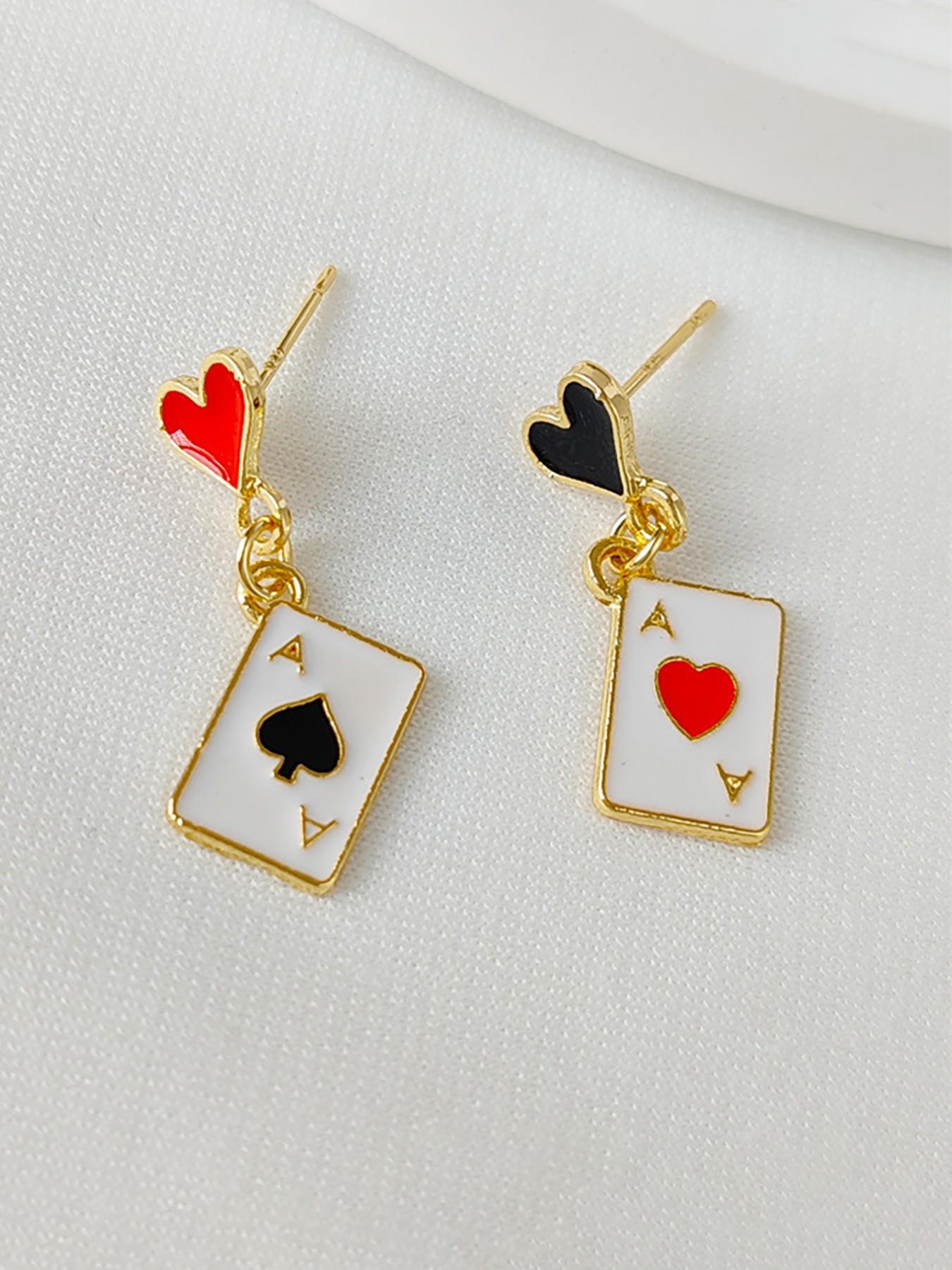 Heart Poker Card Pendant Earrings, Asymmetric Poker Card Drop Earrings, Unique Women's Party Jewelry, Fashionable Ear Studs