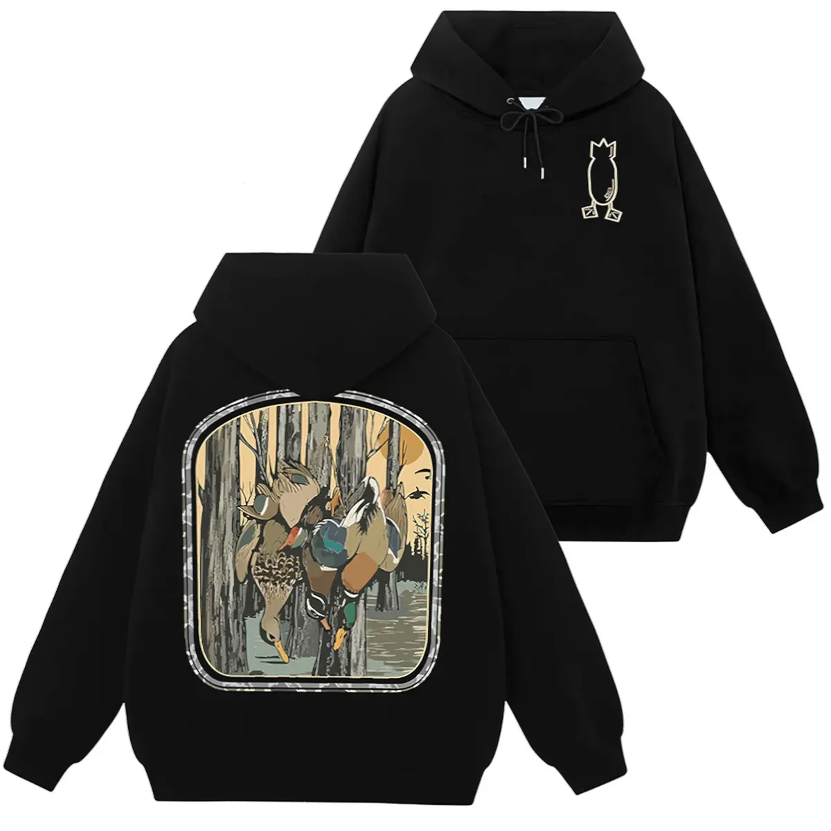 Menswear Waterfowl Hunting Hoodie - Casual Loose Baggy Pullover Tops with Wood Duck Forest Graphic, Old School Dive Bomb Hunter Apparel, Professional Statement Piece for Men