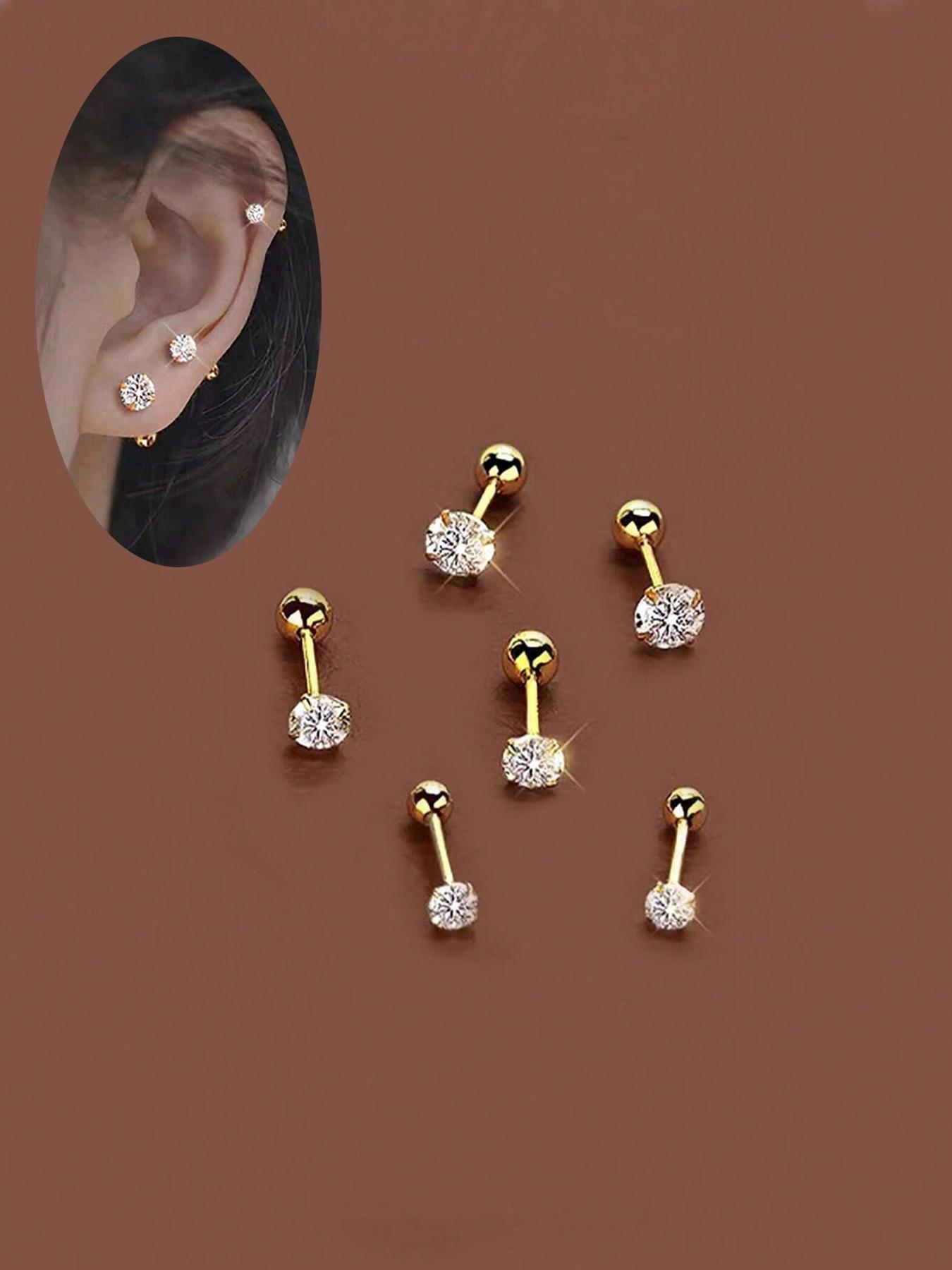 Artificial Zirconia Decorated Earrings Set, Elegant for Women & Girls, Stainless Steel Inlaid Artificial Zirconia Ear Studs, Stud Earrings Jewelry