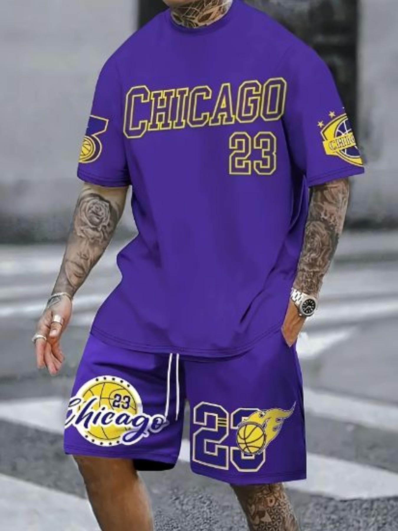 Men's Fashion Round Neck Short Sleeve Set, Chicago Letter Number 23 Digital Print, Summer Casual, Comfortable Vacation Sports Wear