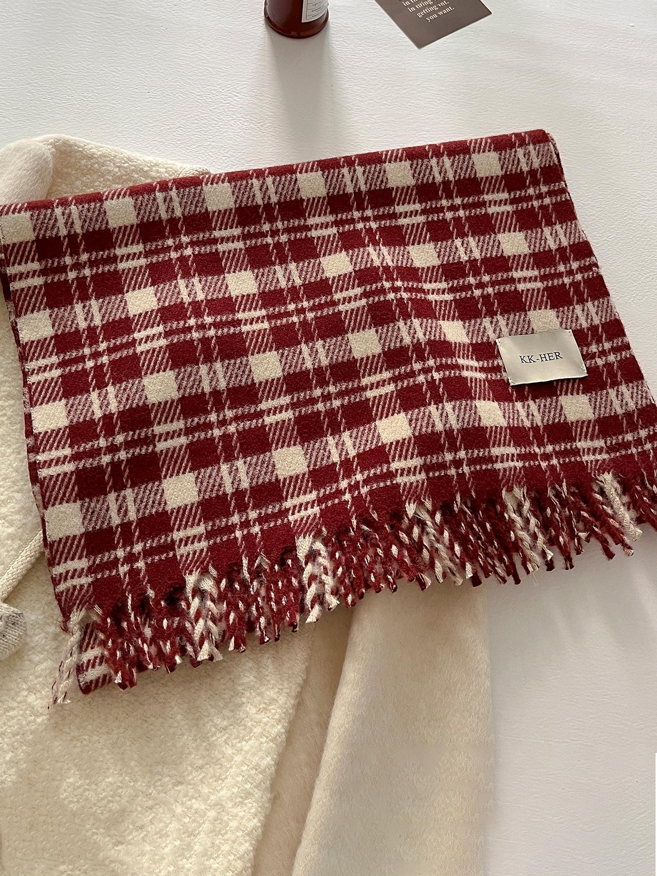 Women's Autumn Winter Casual Fashion Imitation Wool Checkered Scarf, Plaid Woven, Thickened Knit Wrap for Christmas Warmth