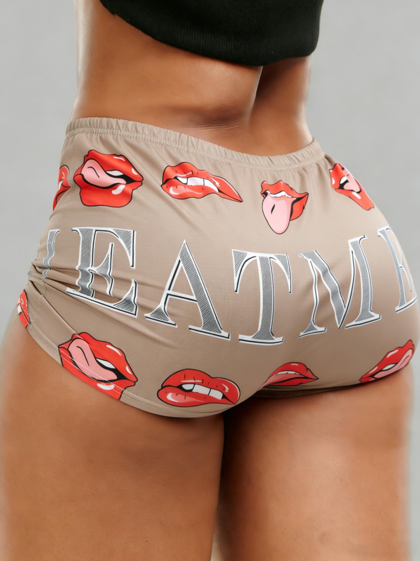 Women's All Over Letter & Lips Print Elastic Waist Shorts, Casual Comfy Breathable Graphic Print Shorts for Summer, Ladies Bottoms for Daily Wear