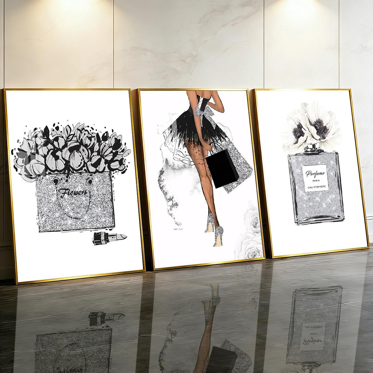 3 Counts Aluminum Alloy Framed Painting, Fashion Girl Perfume And Flower Art Prints, Home Decoration For Living Room, Bedroom, Office, Restaurant, Hallway Wall Decor, Odorless Print Artwork, Luxury Perfect Gift For Friends And Family