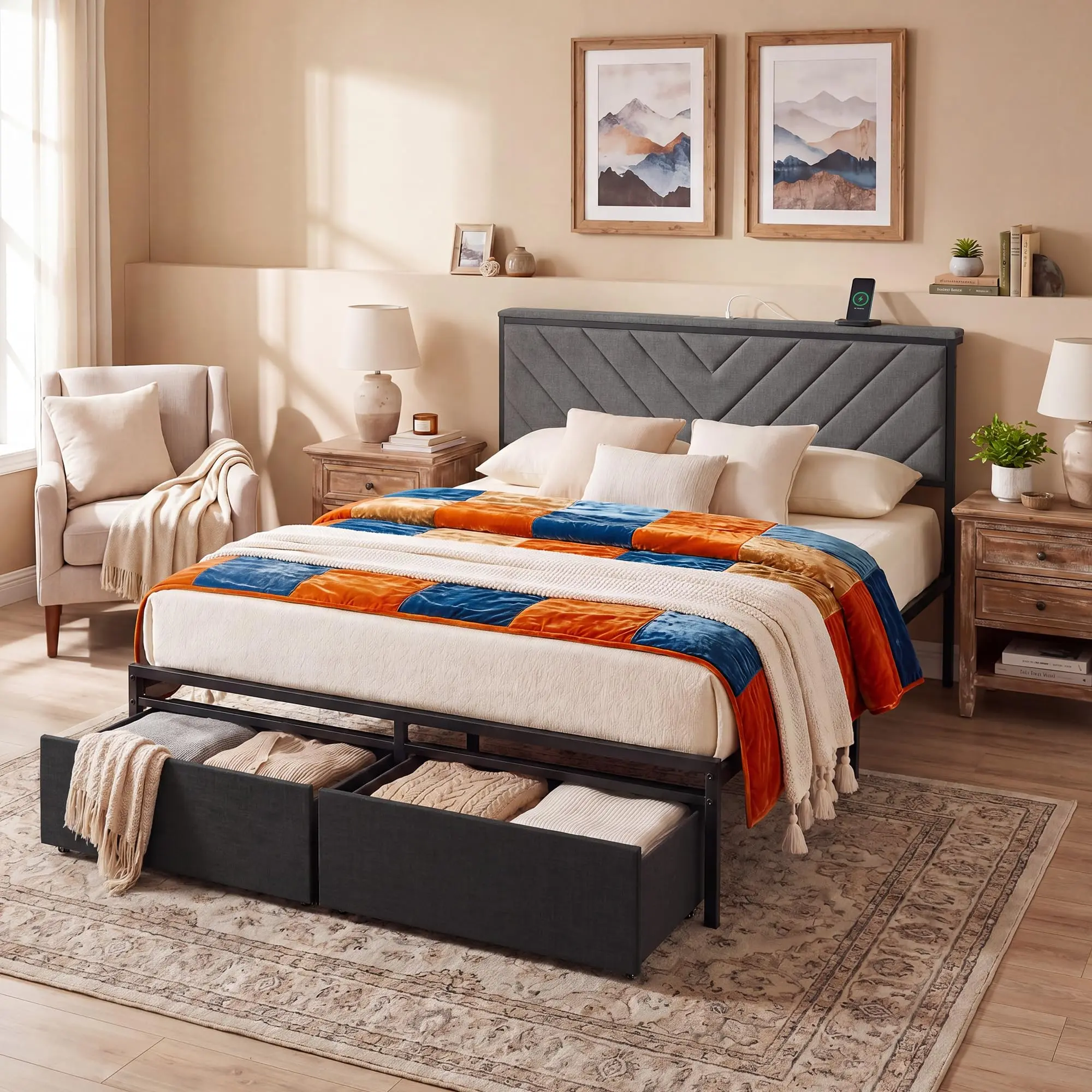 Bed Frame with Built-in Storage Drawers and Charging Station, Available in Queen and Twin Sizes for Enhanced Bedroom Organization and Functionality