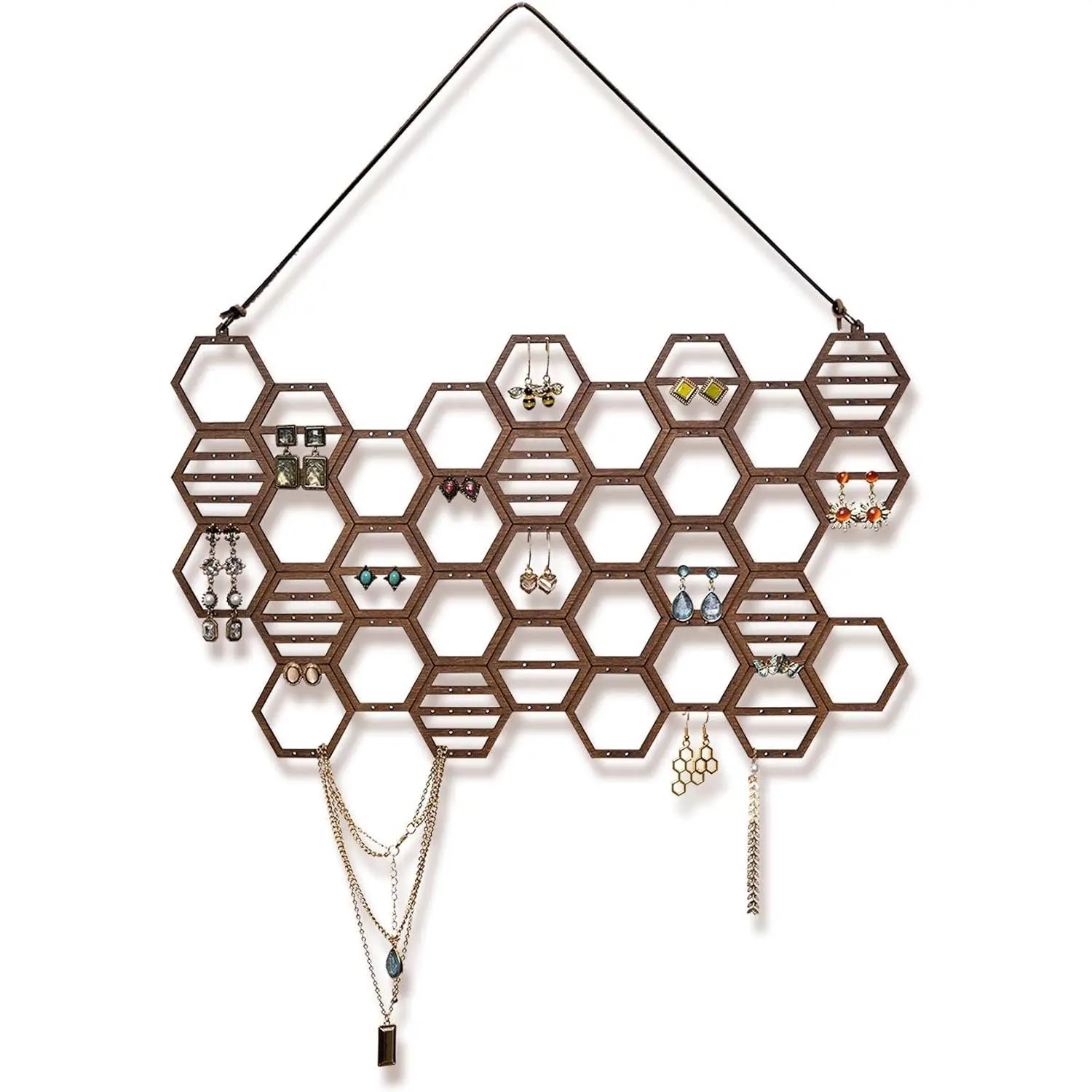Honeycomb Earring Organizer Wall Mount Display Wood Hanging Jewelry Organizer for Stud Earrings, Necklaces (Walnut)
