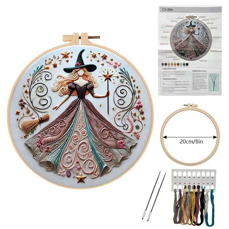 Beginner Embroidery Kit for DIY Lovers, Unique Embroidery Elegant Cross Stitch Set with Witch Design, Includes Cotton Fabric, Threads and Needles, 20cm Bamboo Style Frame, Handicraft