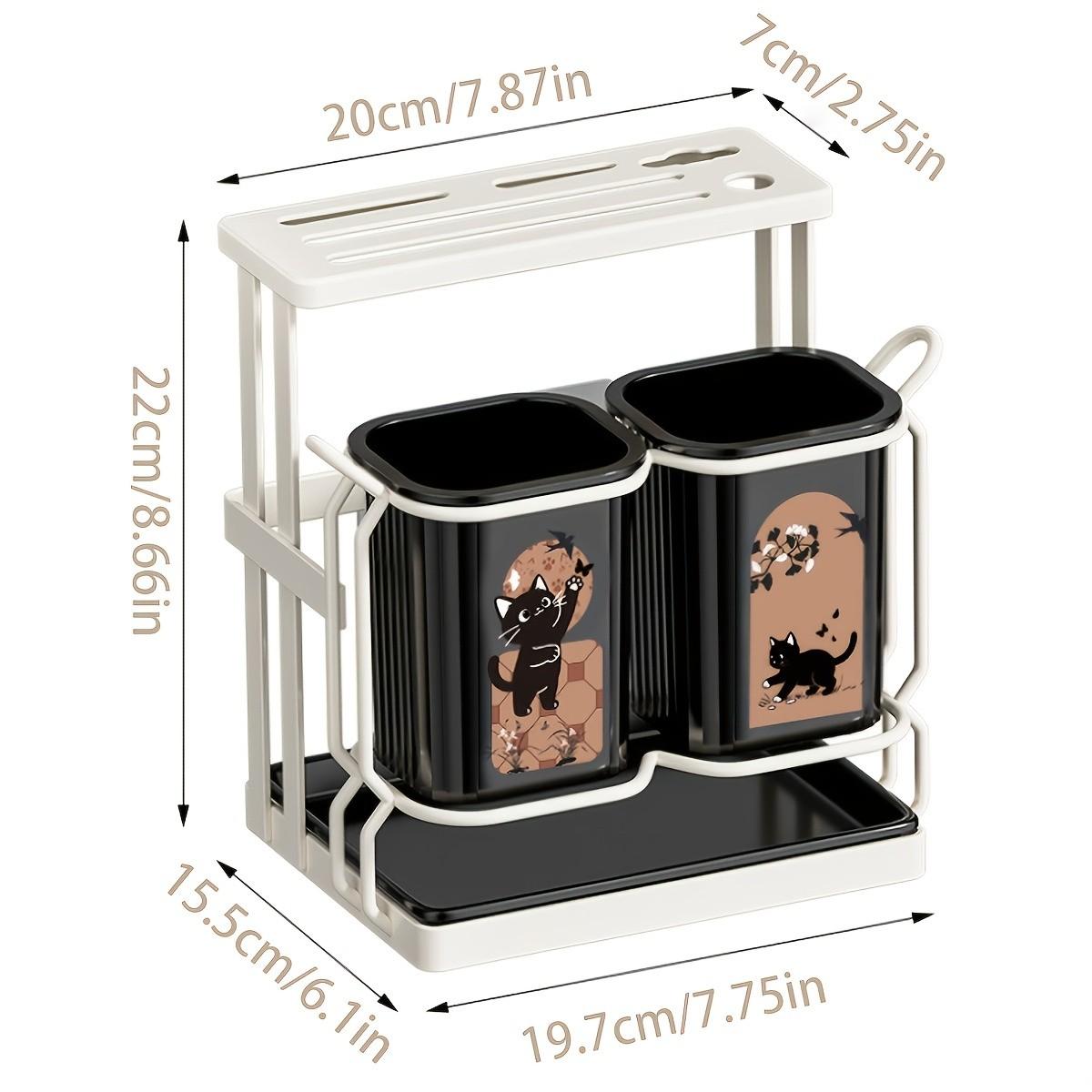 Carbon Steel Kitchen Utensil Rack with Cutters Holder, 2 Cute Cat Storage Boxes, Wall-Mounted and Countertop Storage, Detachable Tray, Durable Design