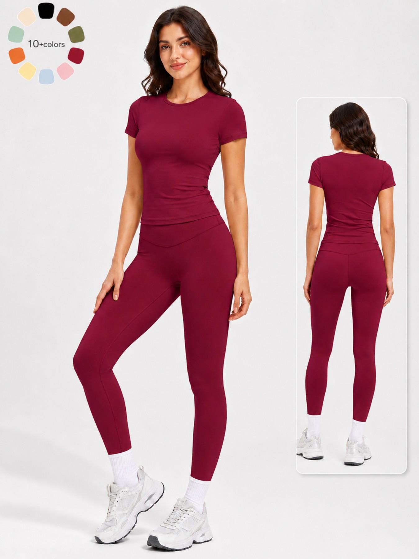 Women's 2-Piece Athletic Workout Set, Short-Sleeve Round-Neck Slim-Fit Crop Tee & High-Rise V-Front Yoga Leggings, Casual Running Gym Activewear Yoga Sportswear Set for Daily Wear