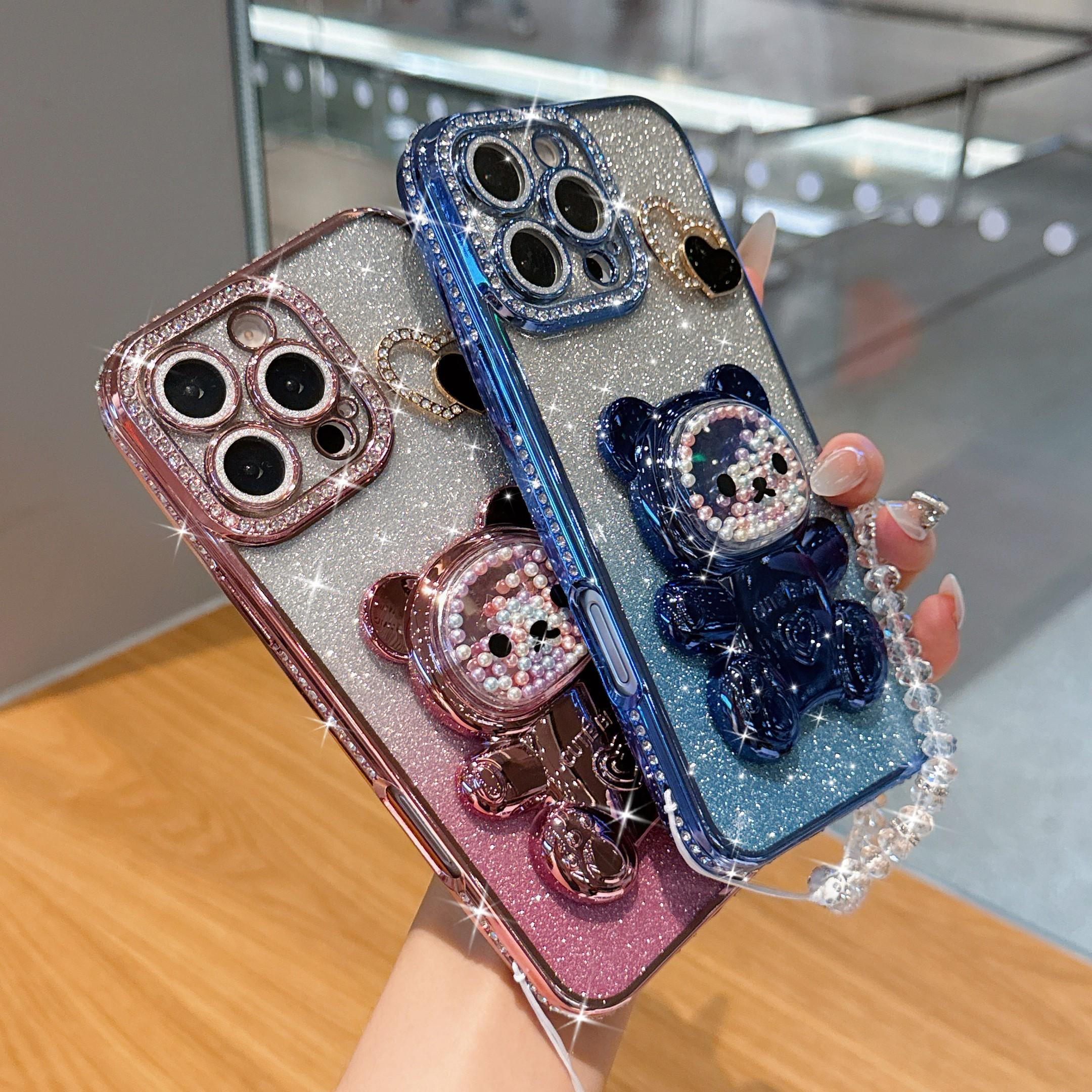 Luxury Blue Bear Stand Phone Case, Gradient Sand Anti-Drop Protection, Crystal Lanyard, Fits iPhone 17pro Max 16pro 15 14 13 12 11