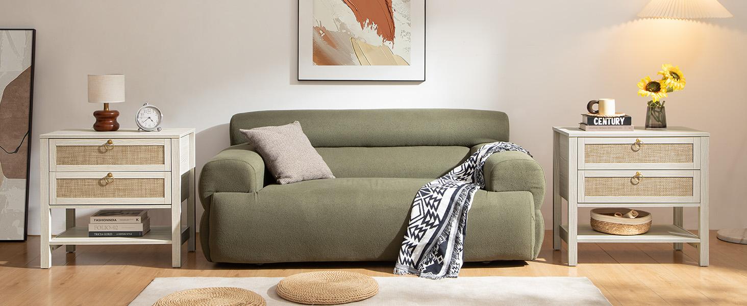 SICOTAS White Night Stand with Drawers and Storage Shelf - 15.5" x 26.7" x 25.6" Size Large Nightstands Rattan Decor Boho Bedside Table Narrow Side Table for  Small Space Bedroom Living Room Office, Ample Storage