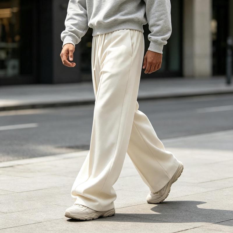 Men's Universal Sports Work Pants - Male Clothing, Loose Fit Polyester Quick Dry Wide Leg Pleated Pants, Elastic Waist with White Contrasting Double Drawstring, Front Center Pleat, Draped Fabric, Ideal for Walking, Casual Gatherings