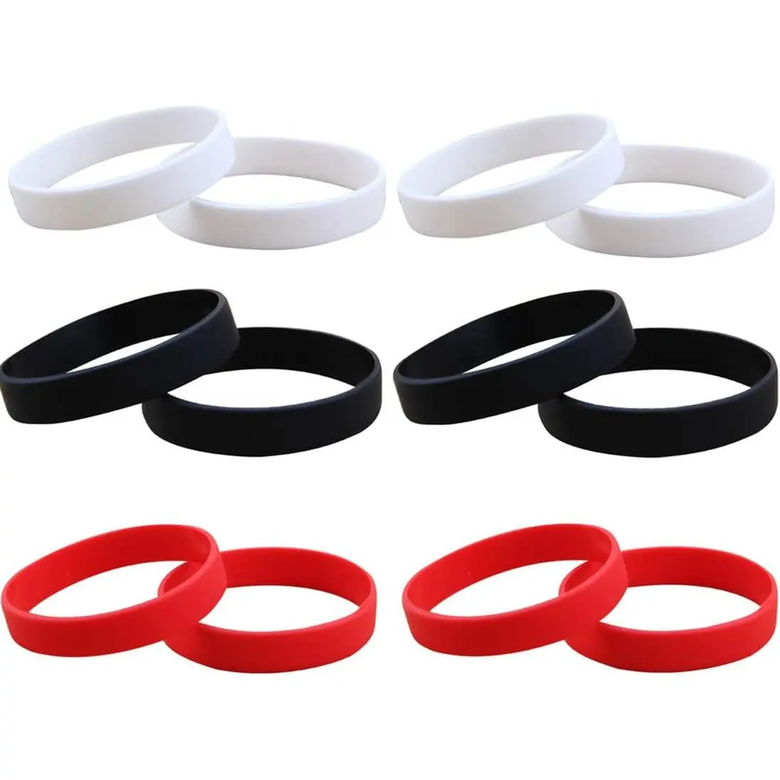 12 count Rubber Bracelets for Men Women, Stretch Blank  Wristbands Bracelets for Events Party  (Black, White, Red)