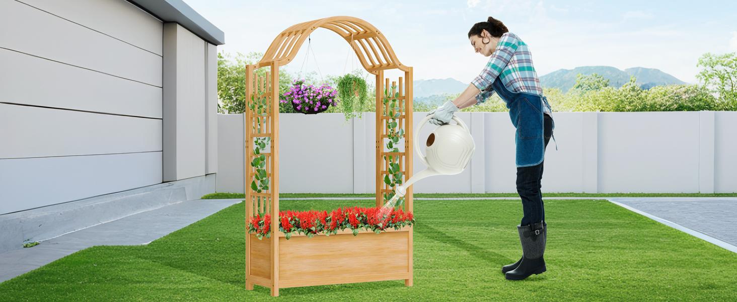 Lilypelle 63" Raised Garden Bed, Wooden Planter Box w/Hanging Roof & Drainage Holes, Indoor Outdoor Elevated Planter for Vine, Climbing Plants, Flower