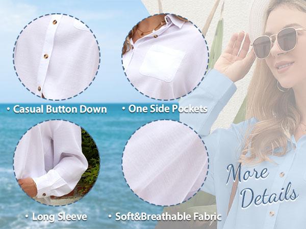 JEKAOYI Womens Oversized Casual 100% Cotton Button Down Long Sleeve Shirts V-neck Collared Work Summer Blouse Tops with Pockets SpringStatements