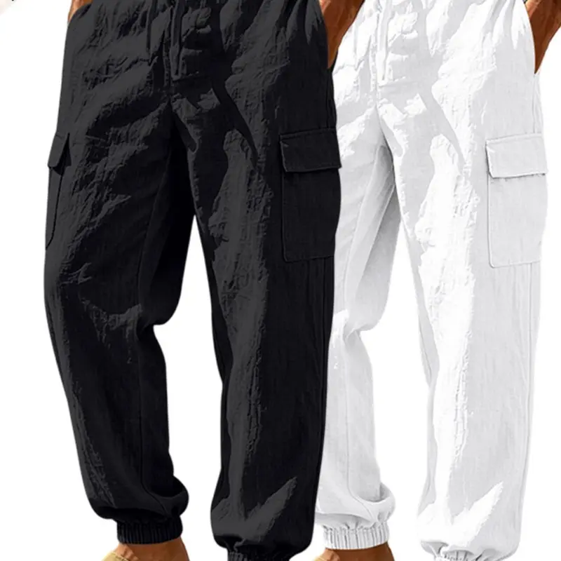 Men's 2-Pack Outdoor Tactical Pants, Linen Material, Drawstring Waist, Pocket, Waterproof Quick-Dry, All-Season, Durable Hiking Gear, Adventure Ready