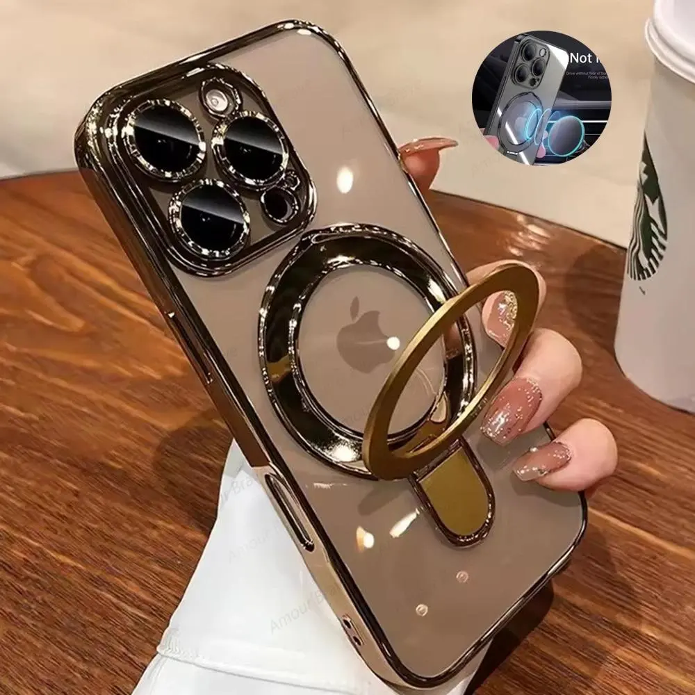 For Magsafe Bracket Case For iPhone 16 17 15 14 13 12 11 Pro Max 16 Plus Magnetic Ring Stand Holder Clear Acrylic Cover