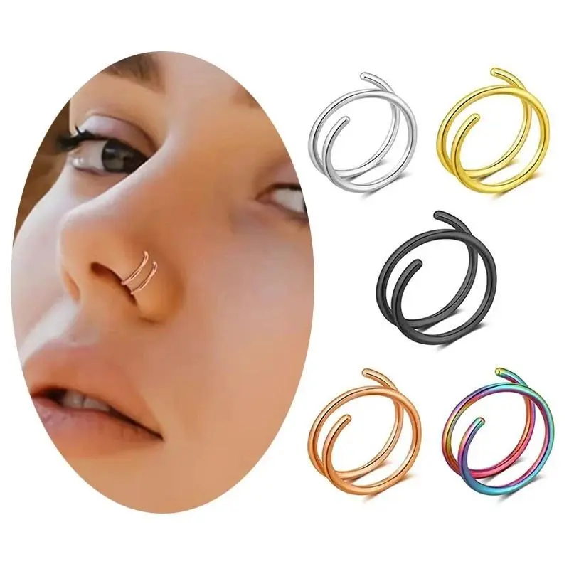 Female Stainless Steel Double Spiral Nose Ring - Geometric Body Jewelry for Casual Nose Piercing, Septum, Cartilage, Tragus, Helix, Nostril