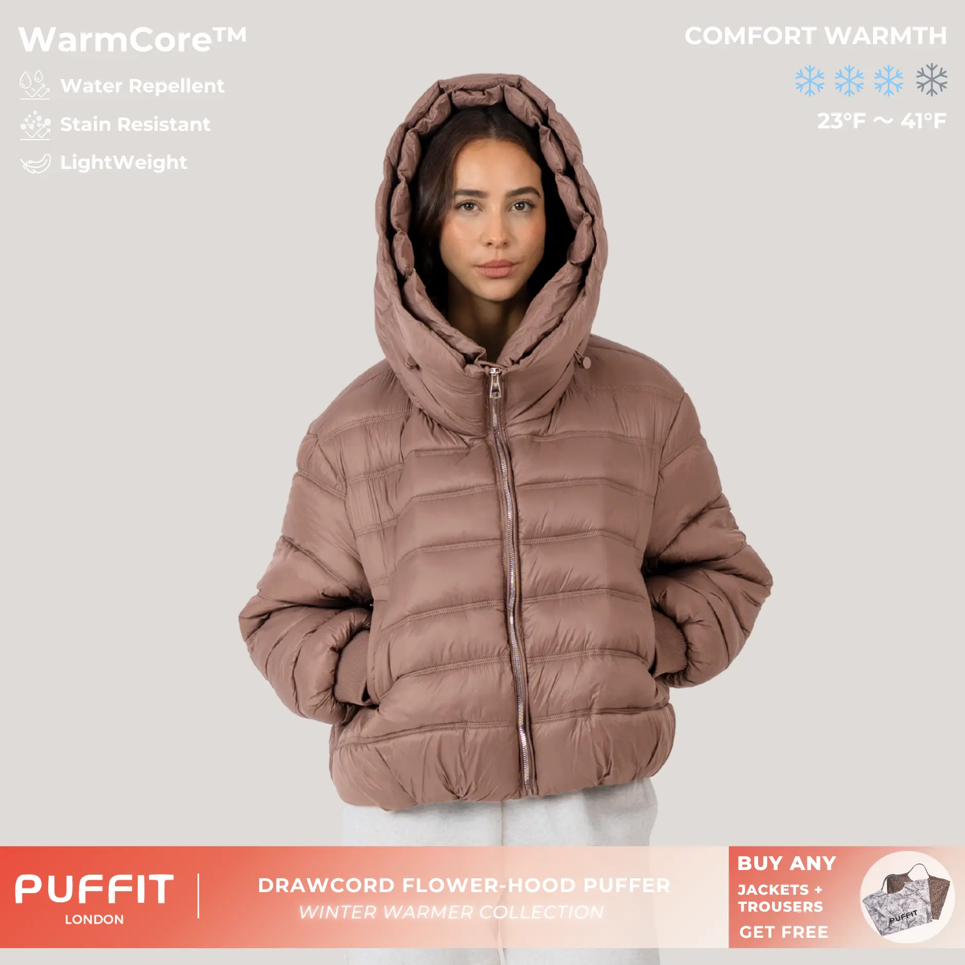 PUFFIT WarmCore Short Puffer Jacket With Drawcord Flower-Hood,Water Repellent,Stain Resistant,Lightweight,Comfort Warmth,Casual Outerwear,Long Sleeve Zip Up Coat,Daily Commuting,Outdoor Activities,Travel,Shopping,2026