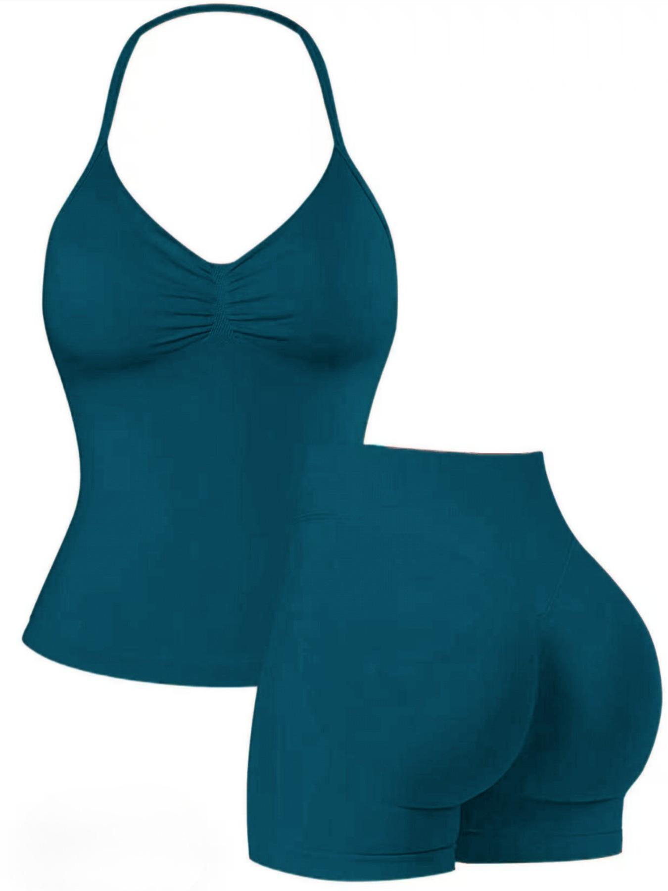 Women's Upgraded Square Neck Halter Sports Tank Top and High Waist Shorts Sporty Set, Sportswear, Yoga Clothes, Perfect for Yoga Fitness Party
