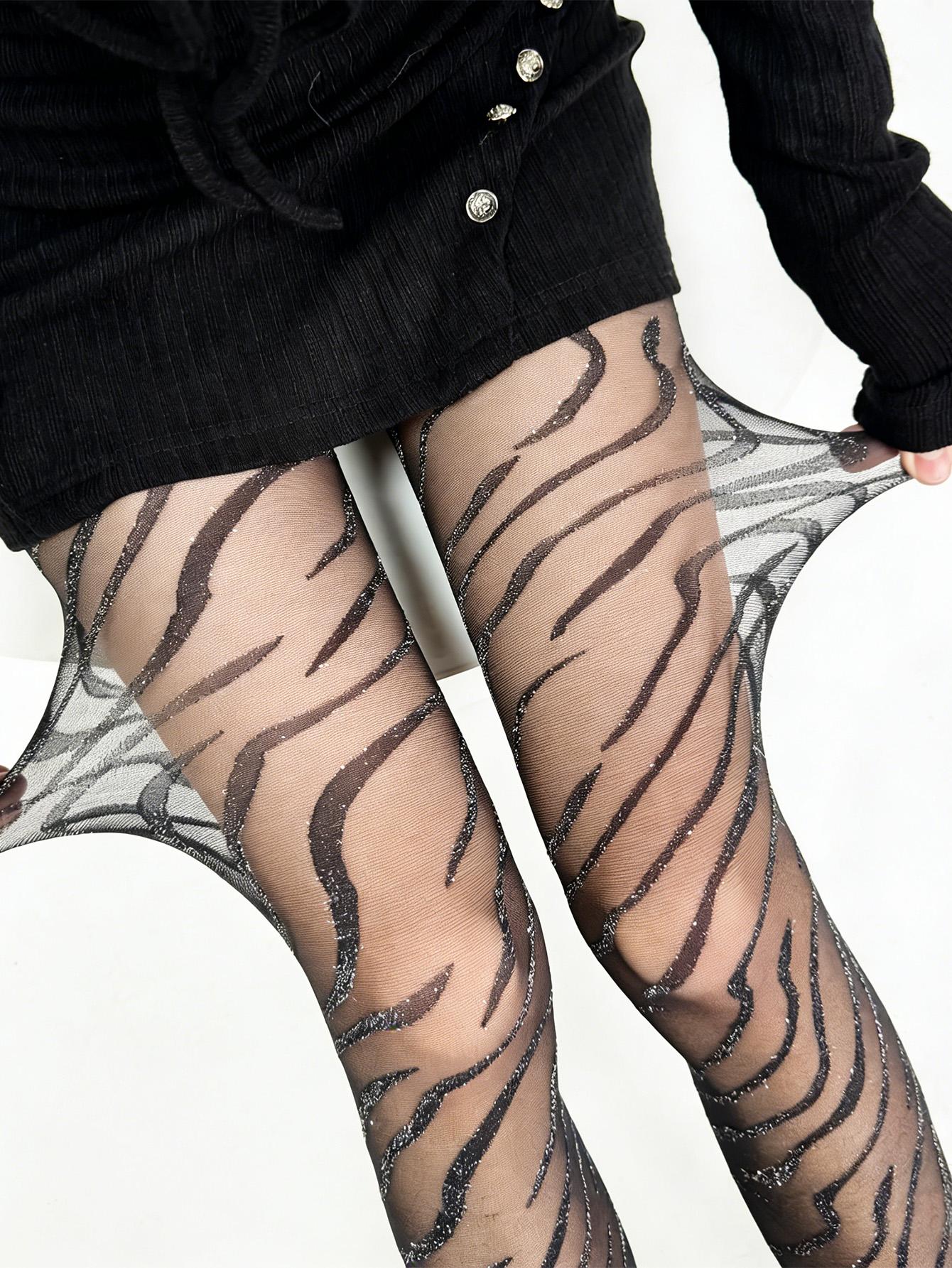 Y2K Bright Flash Zebra Pattern Tights, Transparent Mesh Stockings, High Elastic Anti-Pill, Millennial Sexy Style, Wearable All Year Round