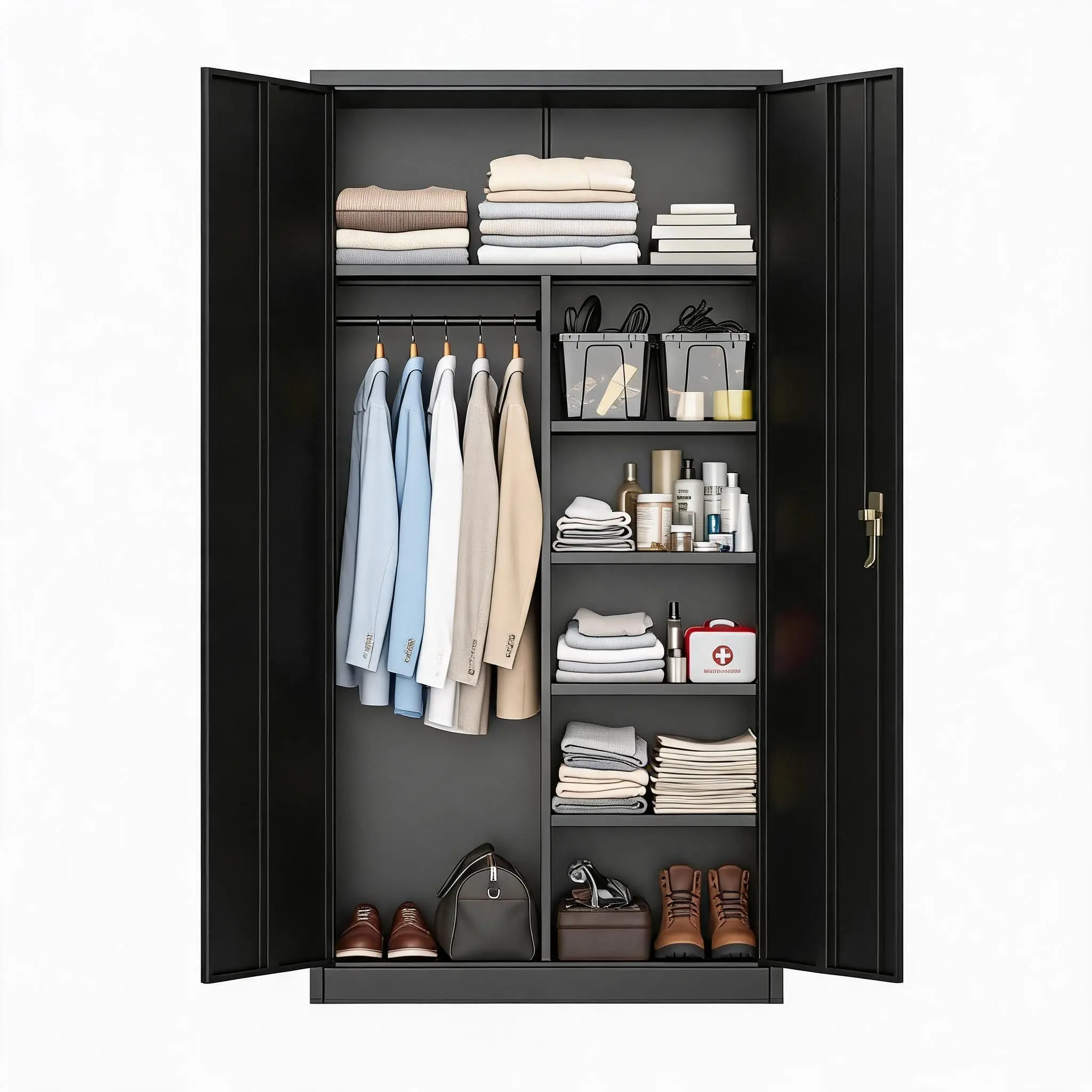 Solid Heavy Duty Metal Wardrobe Cabinet with Lock - Freestanding Steel Storage Locker, Adjustable Shelves, Hanging Rod - Easy Assembly, 70.9"x35.4"x17.7" Secure Storage for Clothes, Tools; Garage, Home Use