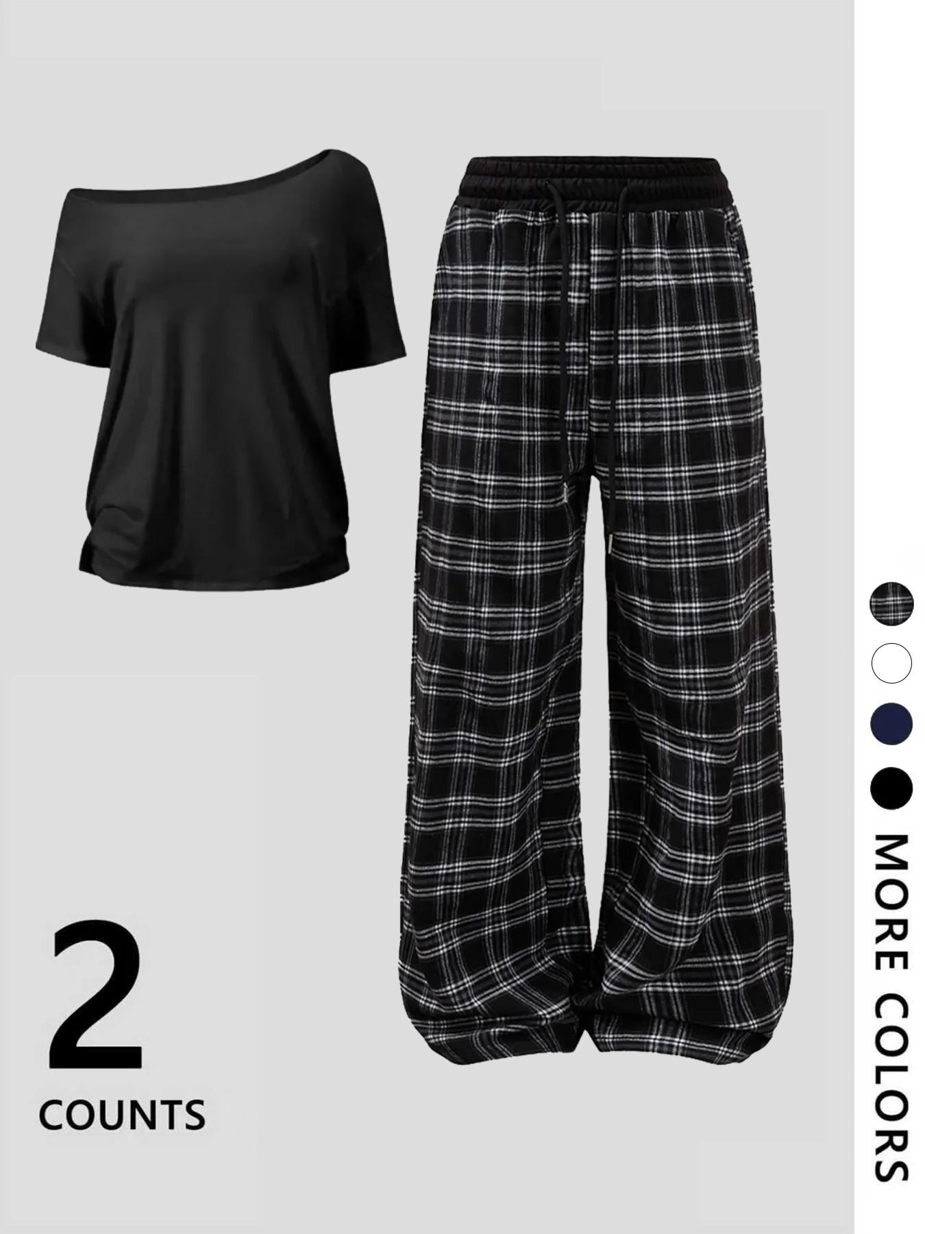 Women's Off-Shoulder Loose Short Sleeve Top with Plaid Pants Pajama Set, Loungewear, Homewear, Fashionable and Comfortable, Ideal for Daily Activities and Home Wear, Matching Loungewear