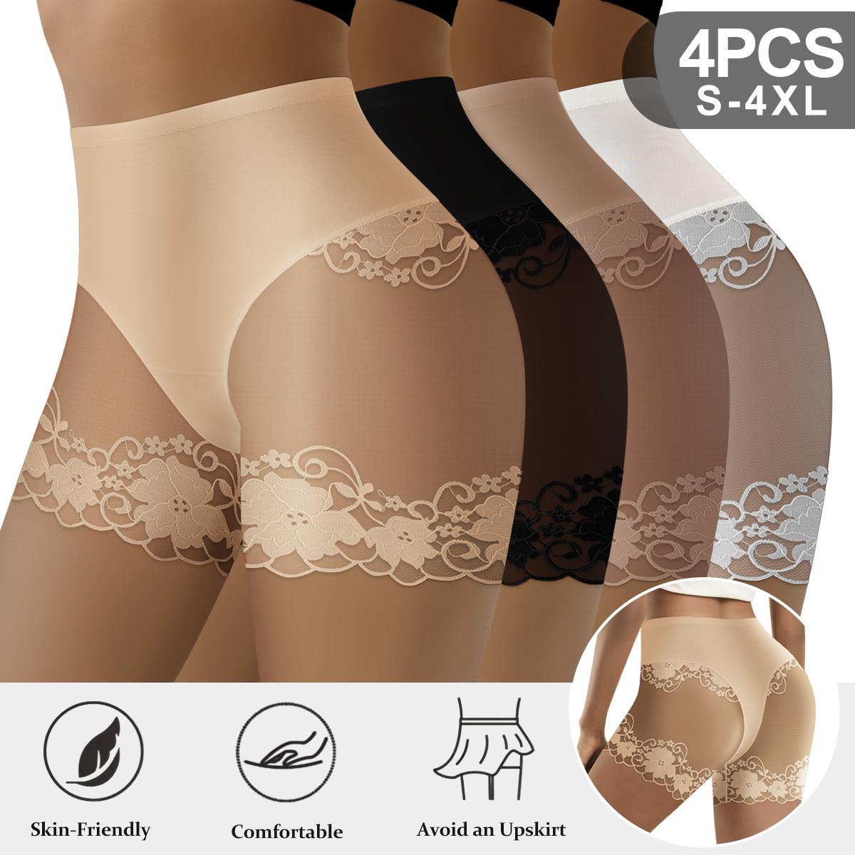  4PCS Women's Mesh Lace Boyshort Underwear, Full Coverage Seamless Lingerie Comfort Stretch Boxer Briefs, Soft Breathable Lightweight Skin-Friendly Dress Fit Womenswear Briefs, Daily Wear, S-4XL, Plus Size