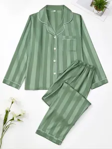 Christmas Women's Striped Satin Pajama Set, Soft Long Sleeve Button Front Shirt & Elastic Waist Pants, Comfortable Sleepwear, Valentine Gift