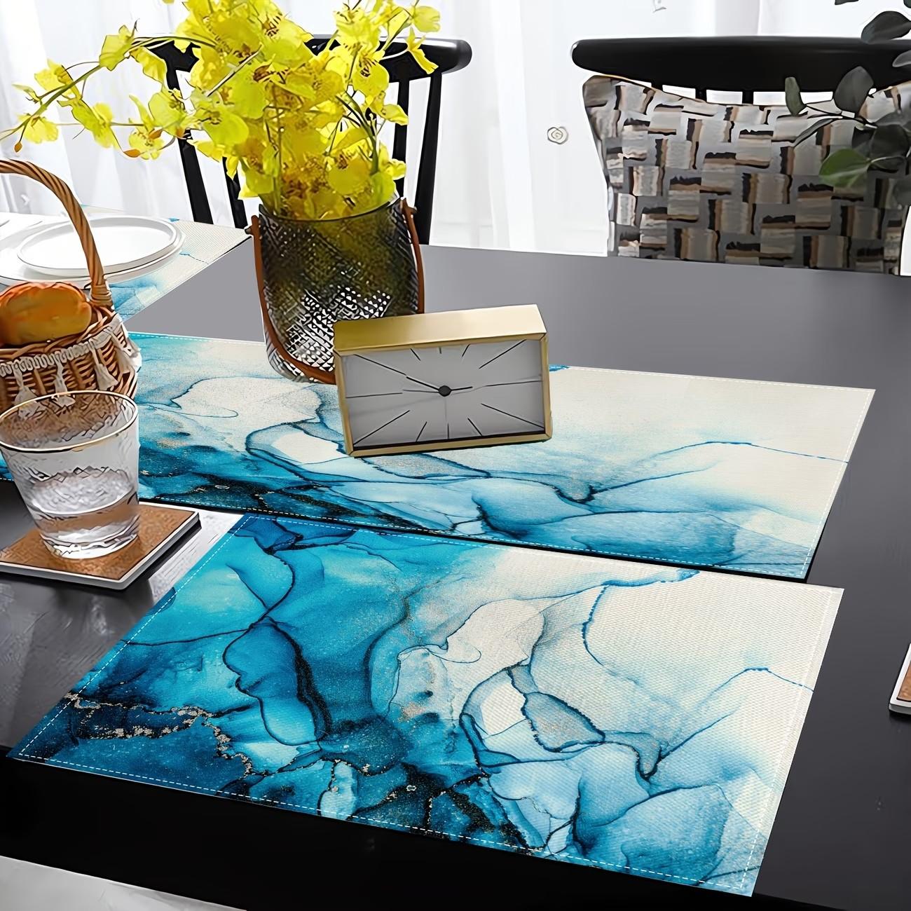 2D flat printing, 5-piece set/7-piece set table flag, dining mat, blue turquoise marble tablecloth, modern marble texture tablecloth, suitable for restaurant kitchen, wedding, holiday, party table decoration