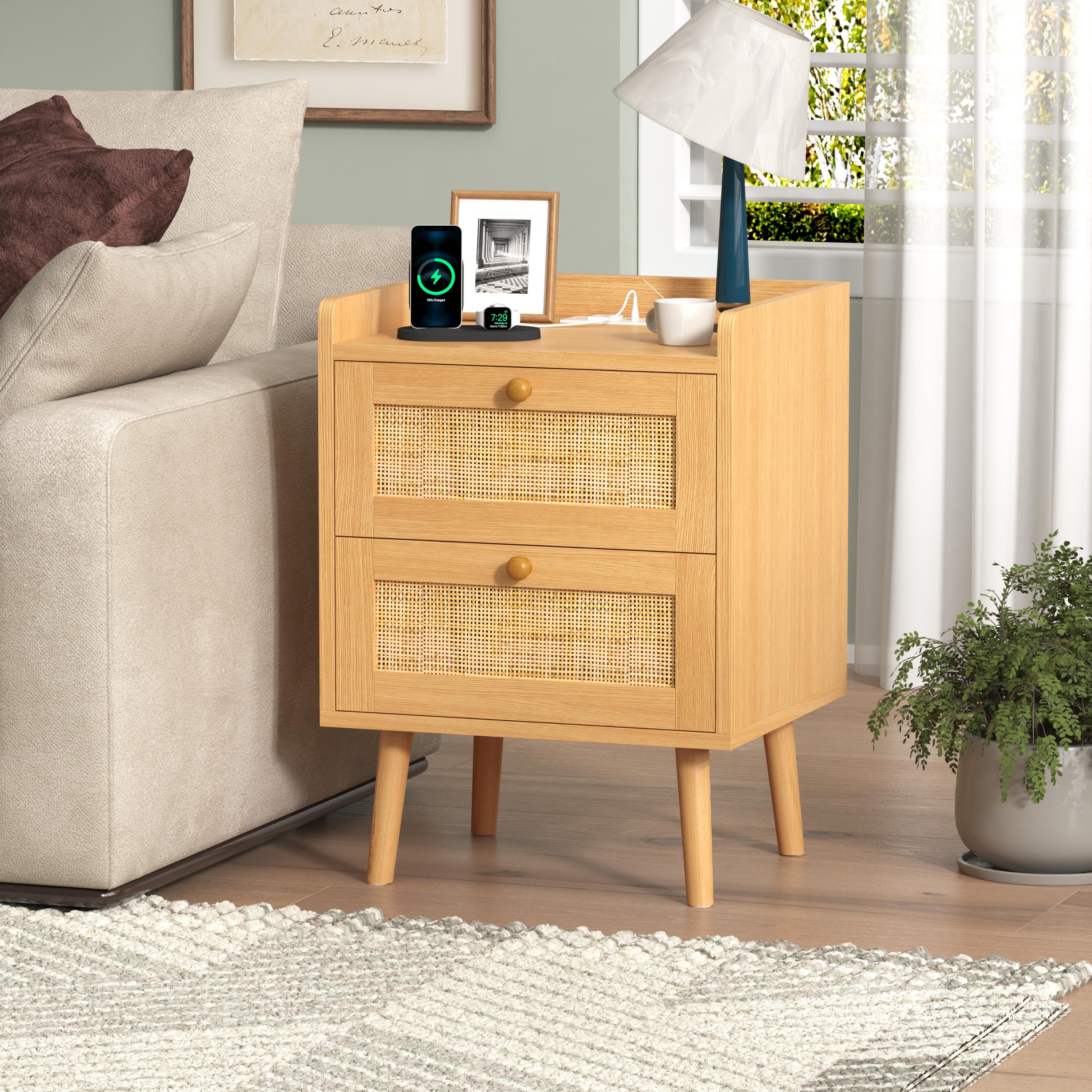 Rattan Nightstand with Charging Station, Rattan Boho End Table with 2 Drawers Bedroom Bedside Side Tables Natural Night Stand for Living Room,Bedroom,Dorm Room Essentials