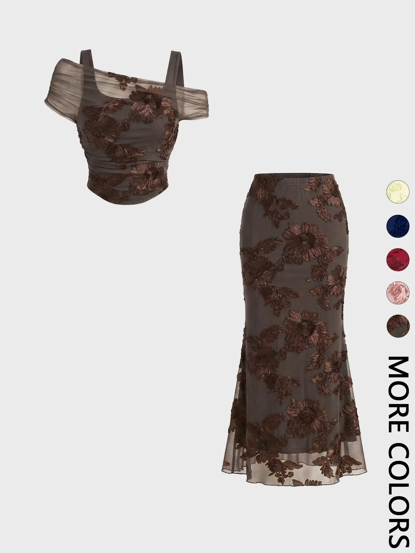 Women's Spring Summer Mesh Floral Embroidered Waistcoat + Mermaid Long Dress Set, Elegant Party Gown, Light Mature Style, 2-Piece, Coffee Brown