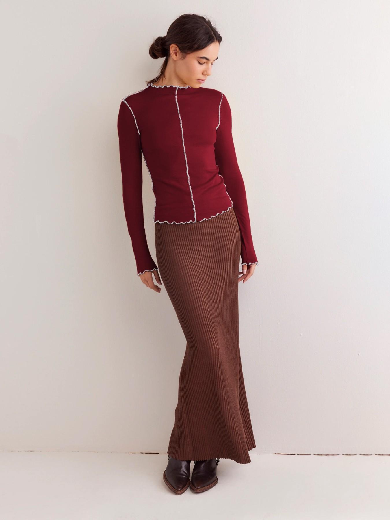 Women's New Colorblock Rolled Hem Half High Neck Long Sleeve T-Shirt, Trendy Slim Fit Versatile Top, Fashionable Basic Tee for Daily Wear