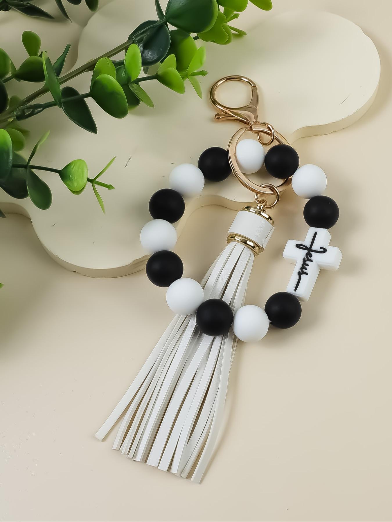 1 Piece Leopard Pattern Tassel Decor Beaded Keychain, Trendy Cute Jewelry for Women & Men, Fashion Accessories, Perfect Gift for Friends