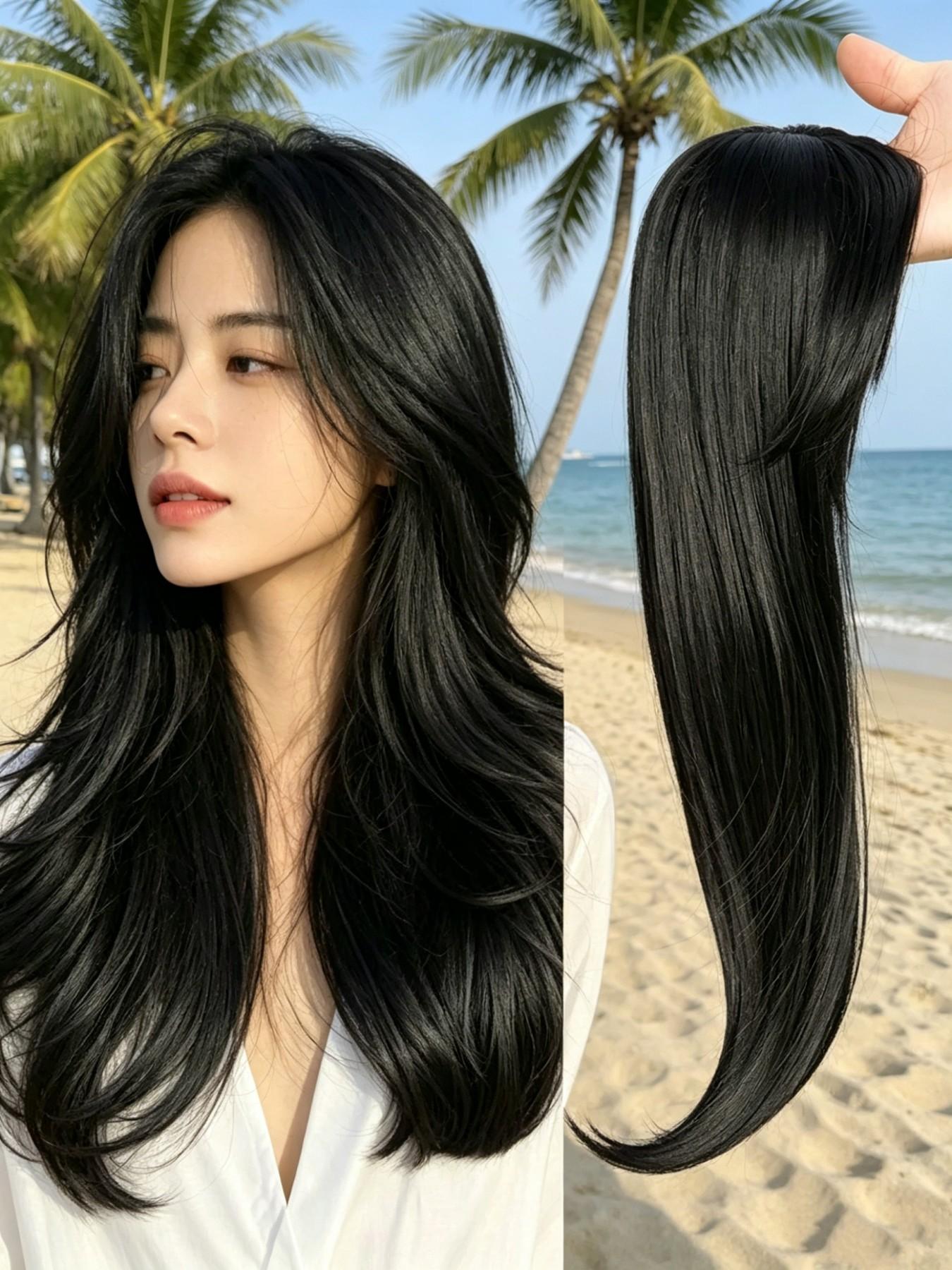 ✨Fresh Summer Beach Dark Chestnut Straight Clip-In Topper, Premium Kanekalon Synthetic Hair With Soft Layered Curtain Bangs, Seamlessly Mask Sparse Scalp, Ideal For Seaside Trips & Simple Daily Looks