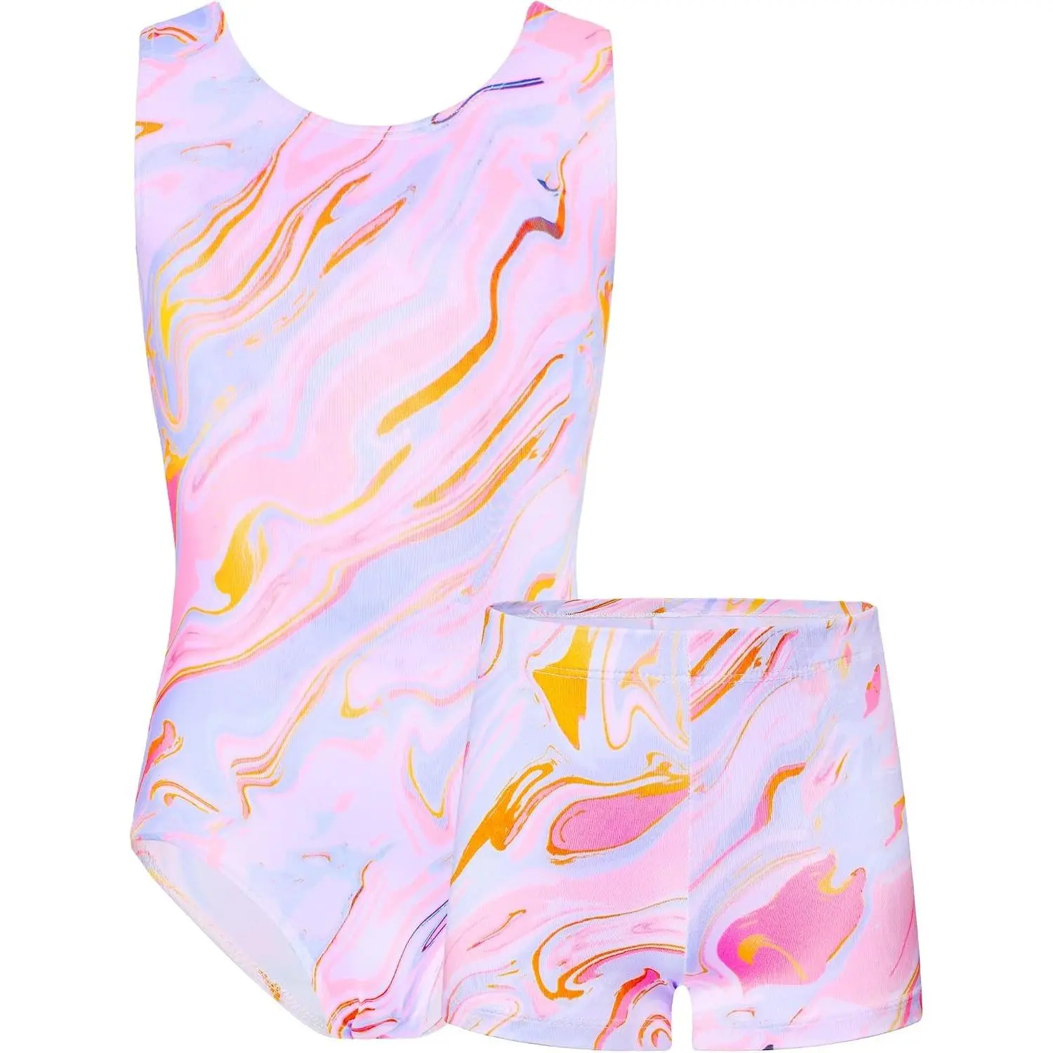 Girls' Sleeveless Sparkly Gymnastics Leotard Matching Set with Shorts for Tumbling, Sparkly Look
