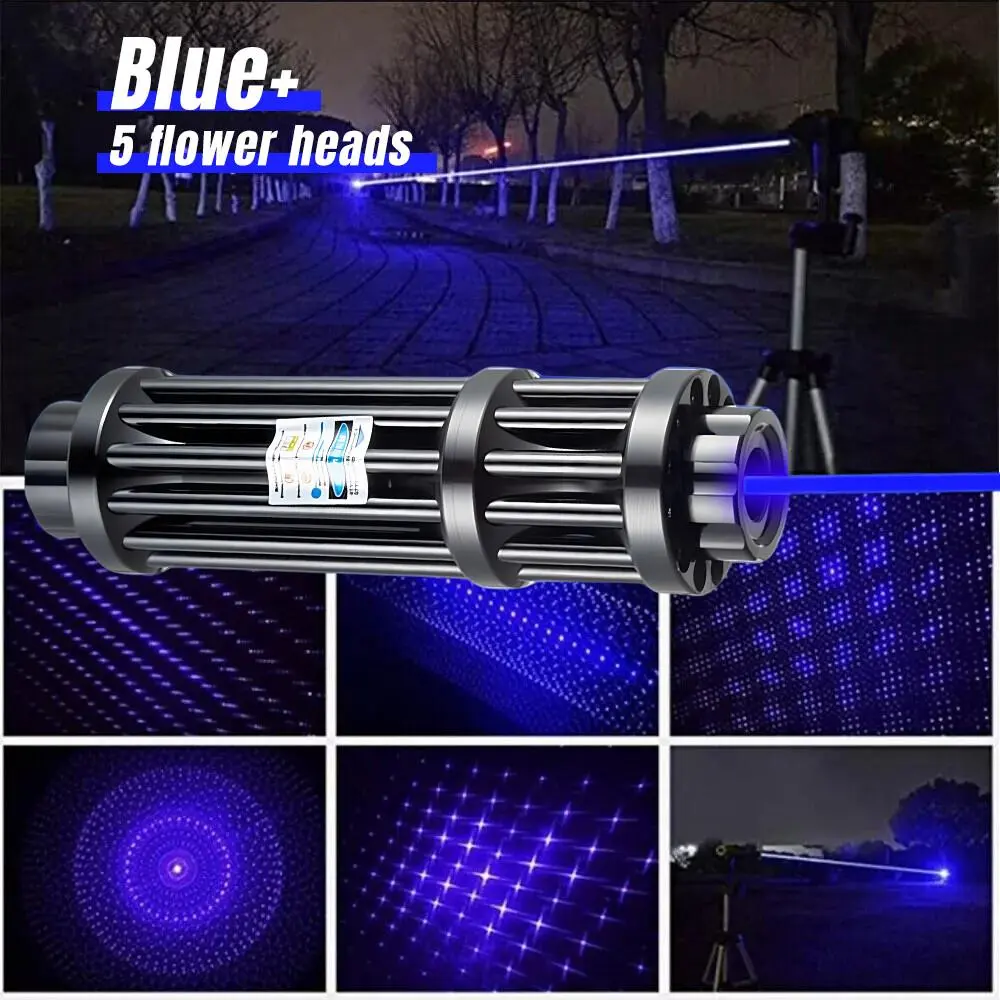 Adjustable Blue Laser Pointer Visible Dot Torch Light With 2 Batteries 5 Heads
