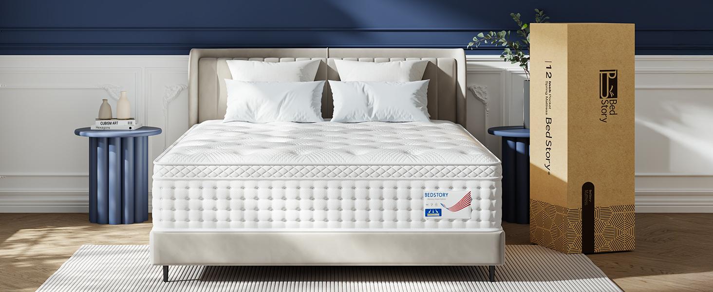 BedStory 12 Inch Hybrid Mattress, Twin Full Queen King Bed, Medium Firm Memory Foam, Pocket Springs for Quiet Sleep Home White BedStory 12 Inch Hybrid Mattress, Twin Full Queen King Bed, Medium Firm Memory Foam, Pocket Springs for Quiet Sleep Home White