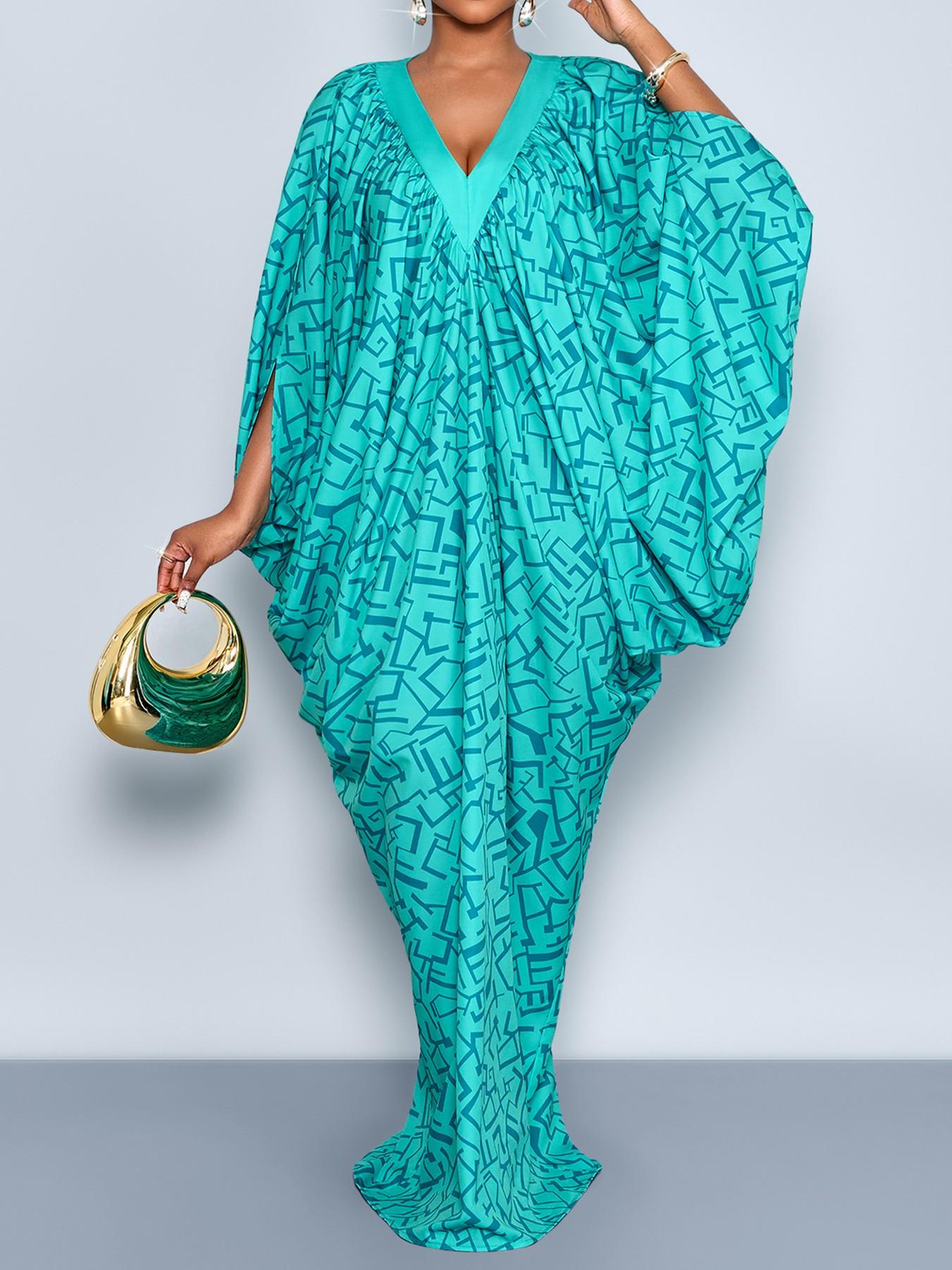 Plus Size Women's Geometric Print Casual Dress, V Neck Ruched Design, Layered Cocoon Silhouette, Long Loose Fit, All Seasons Fashion