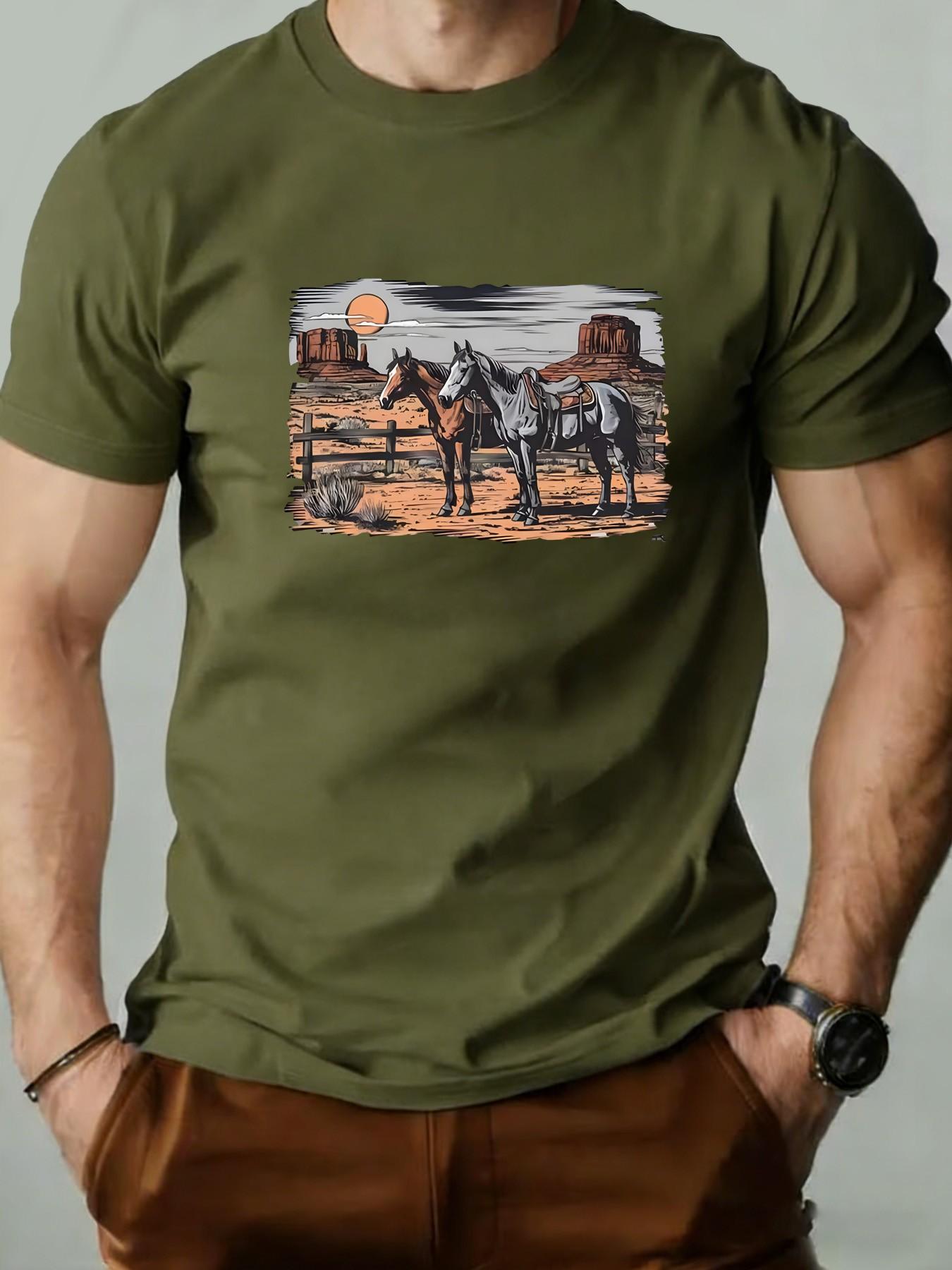 Men's Round Neck T-Shirt, Retro Western Desert Animal Geometric Print, Slim-Fit Casual Short Sleeve, Perfect for Daily Wear and Gifts