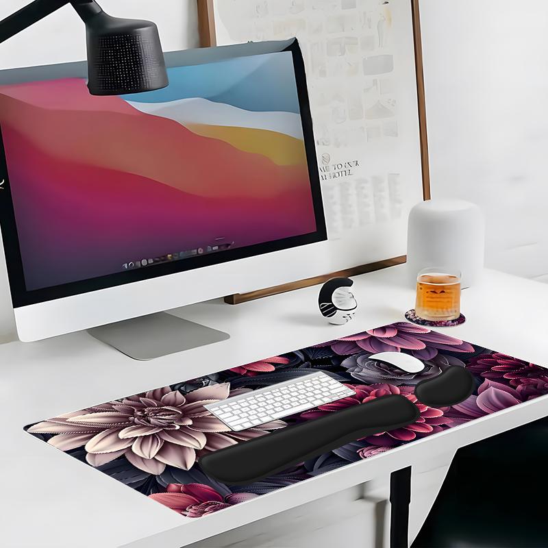 4pcs Dark Toned Floral Design Mouse Pad + Keyboard Wrist Rest + Ergonomic Mouse Pad + Coaster Set For Desktop Decoration, Desktop Accessory, Office Accessories Set Ergonomic Wrist Support, Computer Mat Mouse Pad Coaster Mousepad For Home Office Gaming