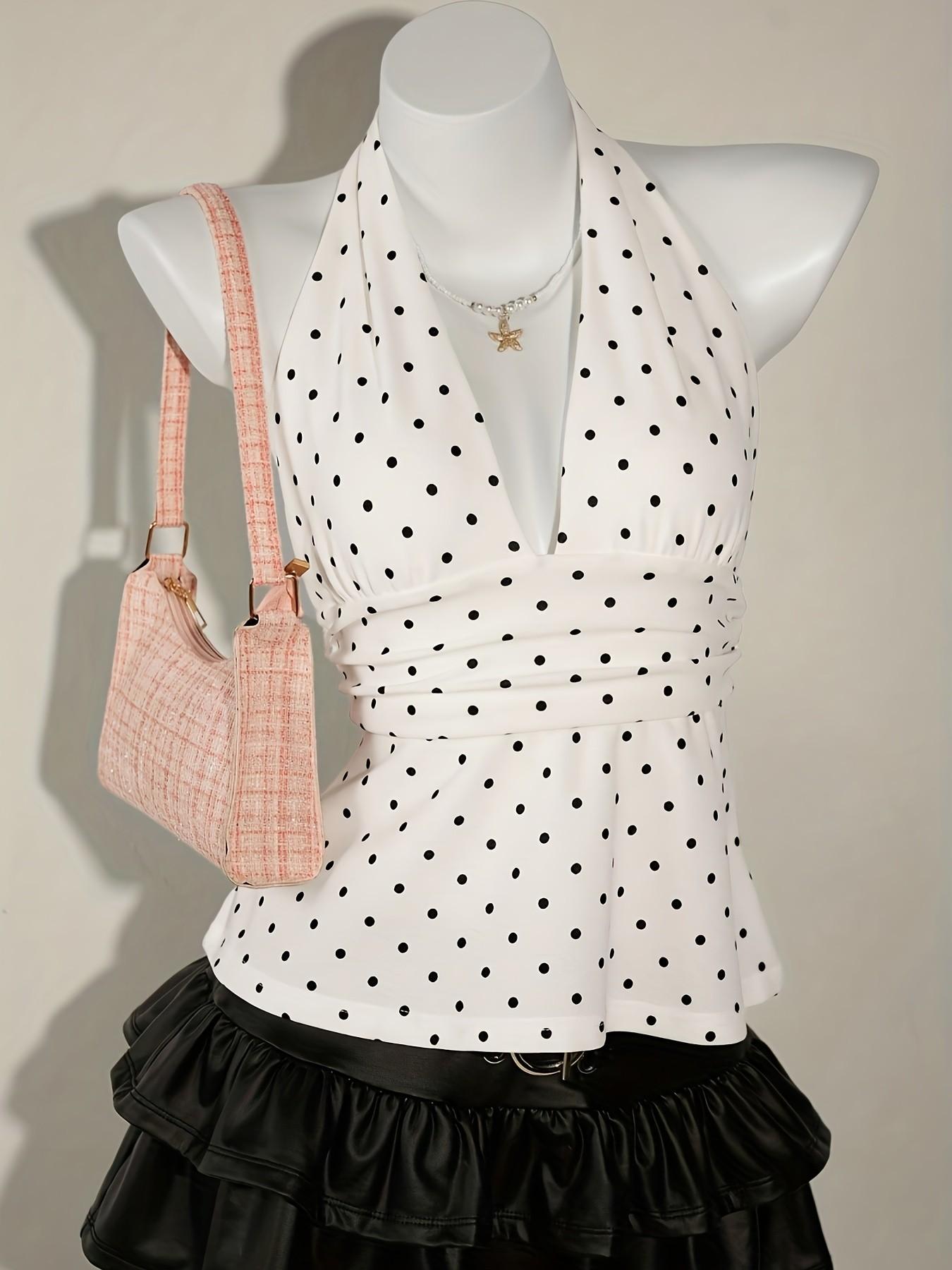Summer Fashion New V Neck Polka Dot Tie Front Top Shirt, Elegant Backless Slim Fit Vacation Style Sexy Sleeveless Shirt