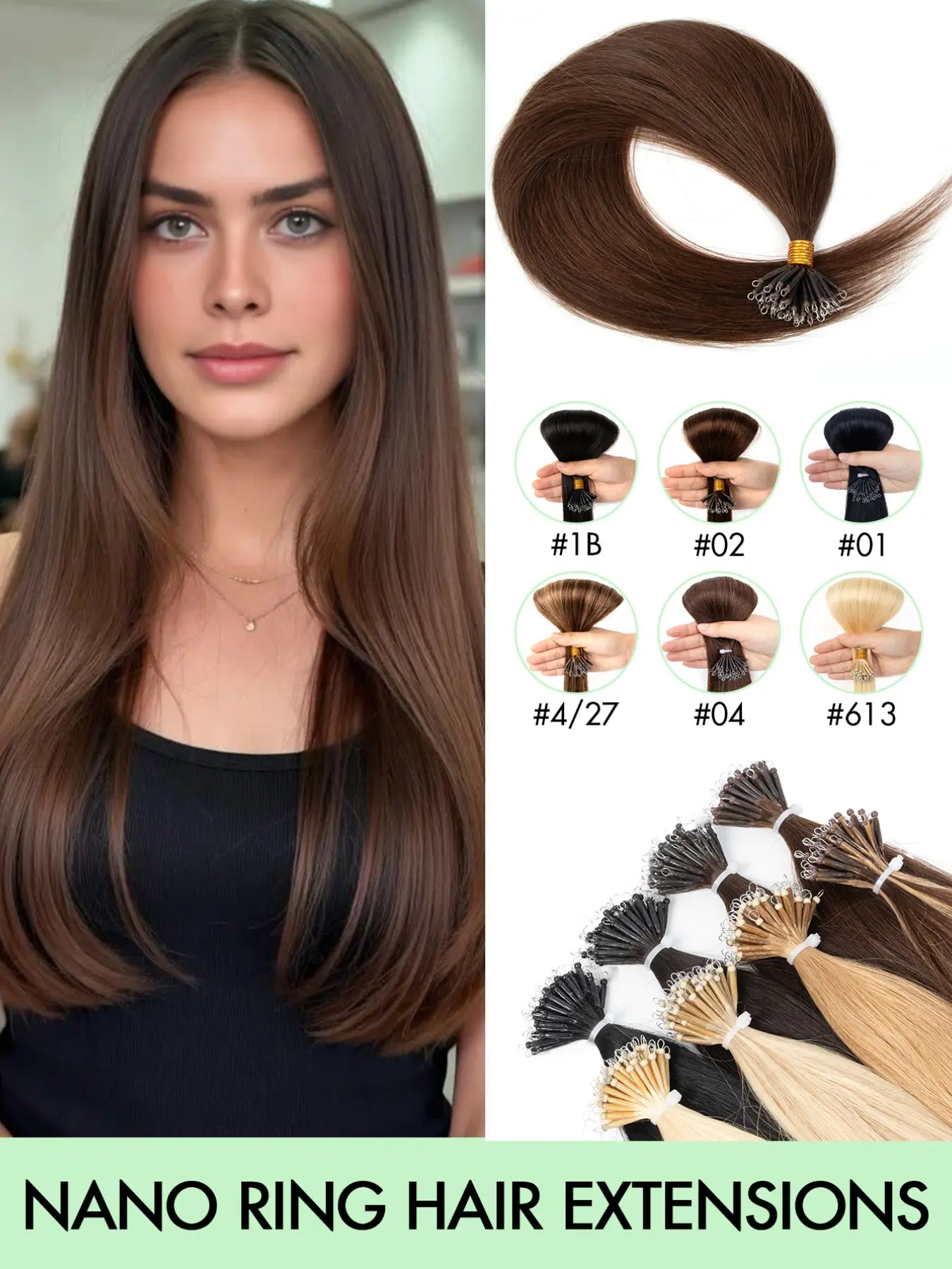 Women's Nano Tip Human Hair Ombre Nano Ring Seamless Highlight Hair Extensions Cold Fusion Stick Real Human Hair Natural Straight Hair Micro Nano Ring Bead Hair Extensions