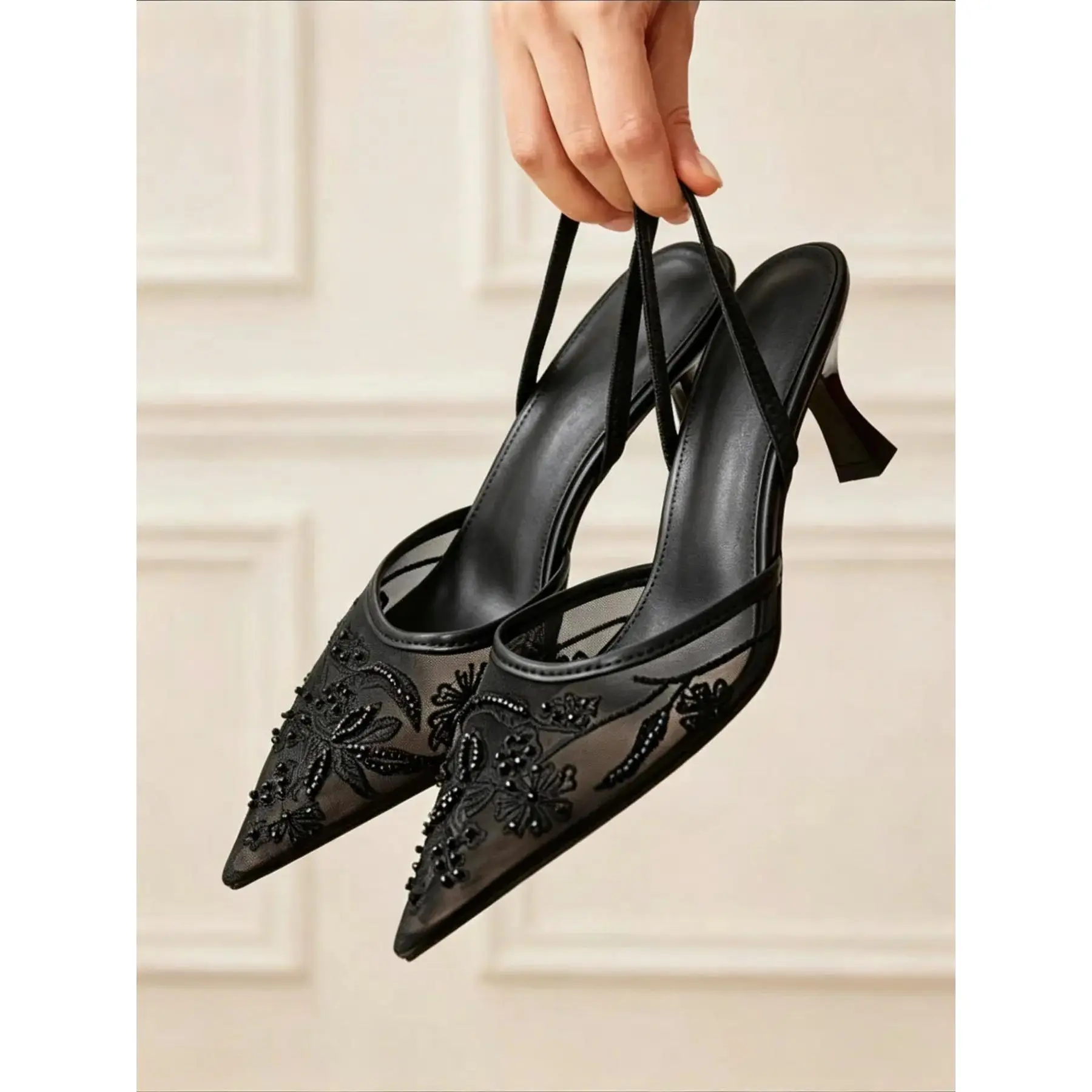 Women's Elegant Embroidered Mesh Stiletto Heel Pointed Toe Breathable Dance Sandals - Ideal for Weddings, Formal Events, Office Wear, Wedding