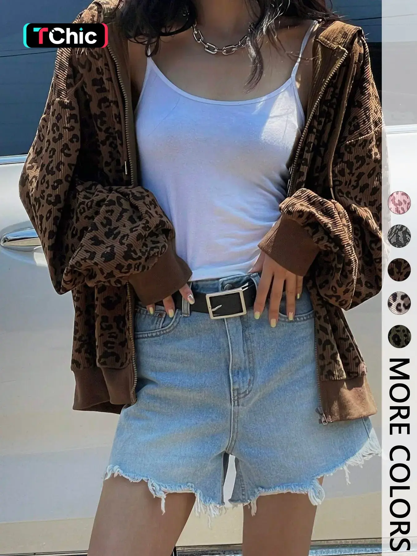 Women's Leopard Print Hooded Zipper Jacket, Casual Slim-Fit Fall & Winter Coat, Drawstring Design, Thick Kint Fabric