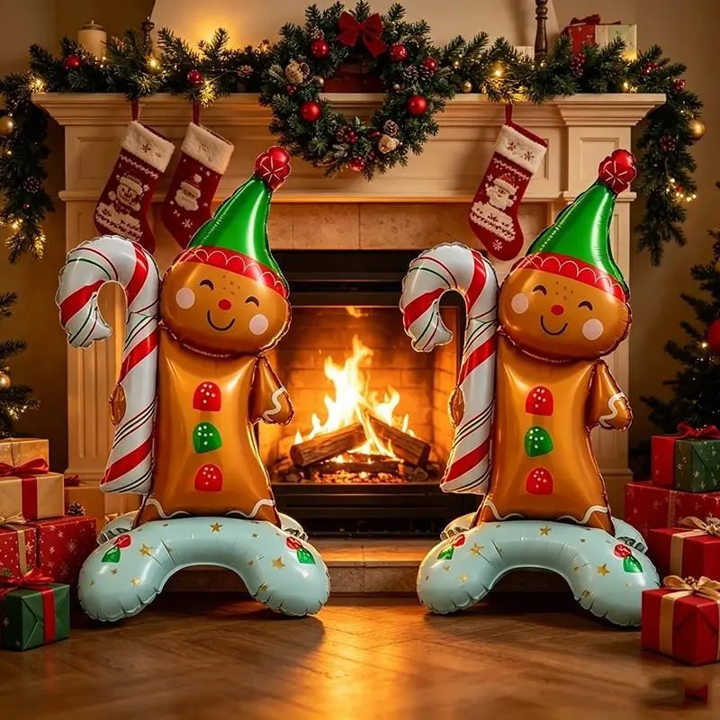 2pcs 63cm Christmas Standing Hat Gingerbread Man Aluminum Foil Balloons, Party Home Indoor Outdoor Decoration Balloons
