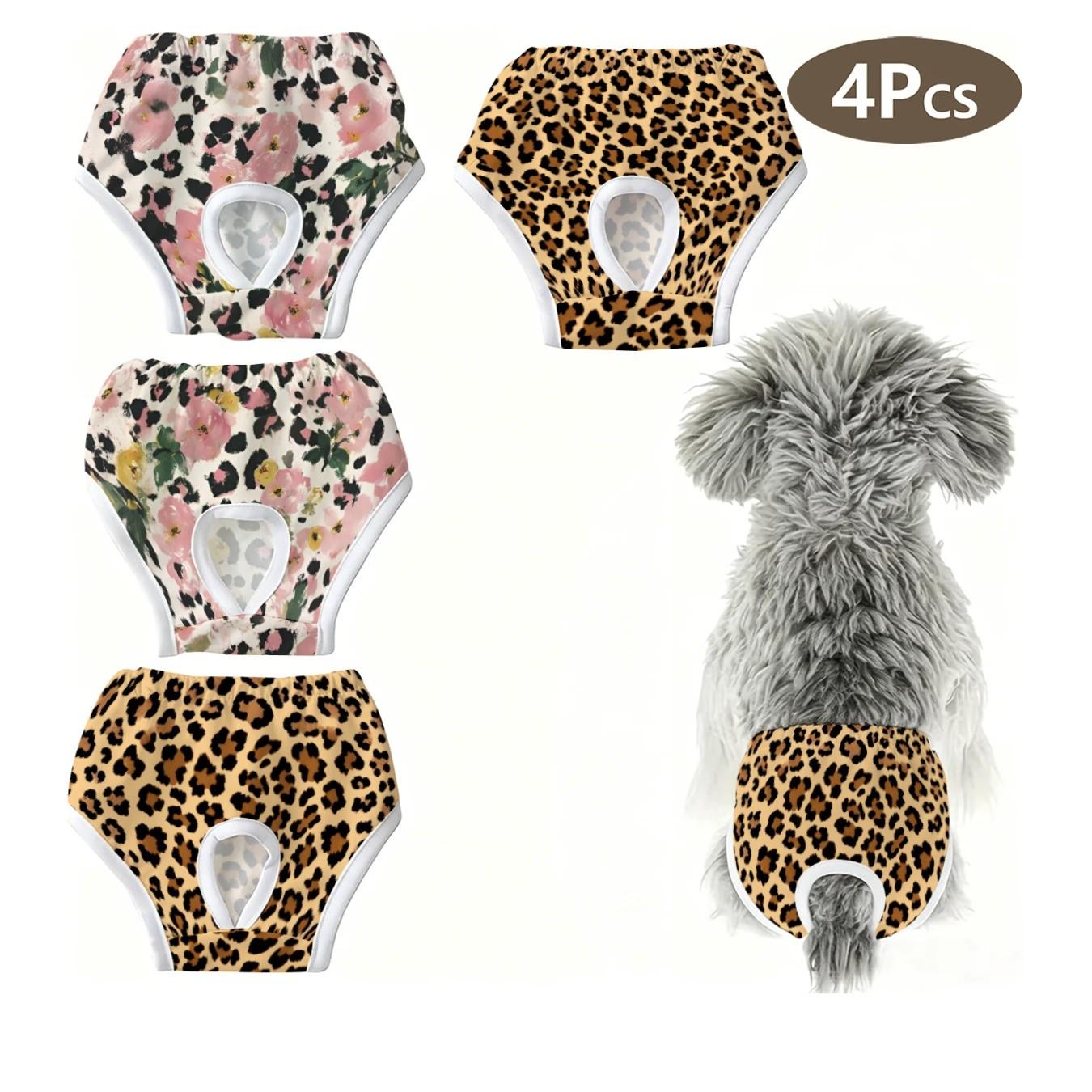 4-Pack Cute Pet Leopard Print Panties, Leopard Pattern, Cherry Blossom Design, Anti-Interference Underwear for Small Dogs and Cats, Ideal for Holidays, Home, Travel