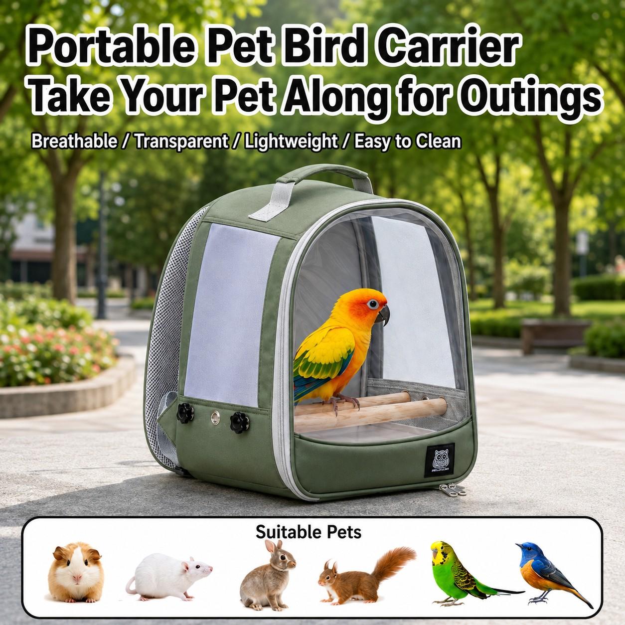 Parrot Bird Backpack, Portable Bird Travel Bag, Transparent Window, Breathable Mesh, 2 Perch Sticks, Dual Food Cups, Detachable Tray, Adjustable Straps, Enclosure