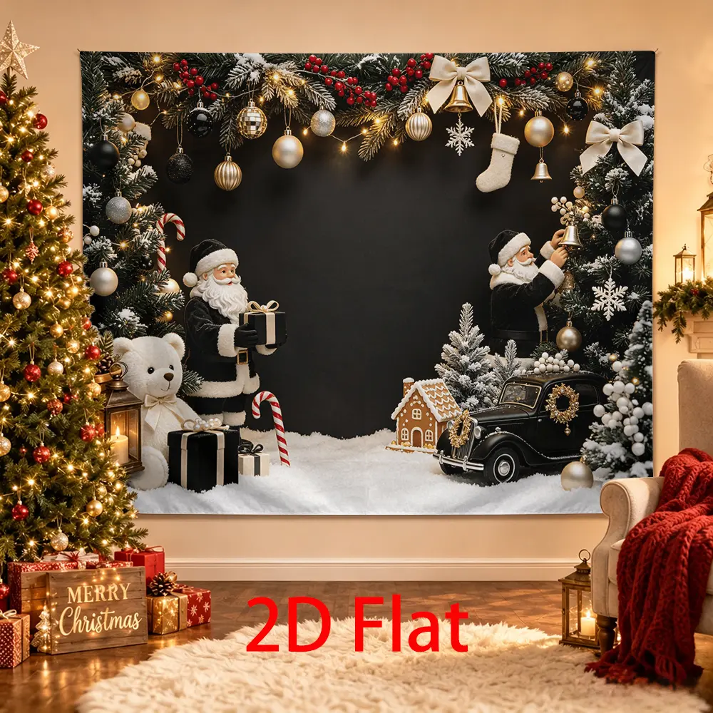Black Gold Christmas Backdrop, Elegant Santa Winter Photo Background with Vintage Car, Teddy Bear, Gifts, Ornaments and Snow