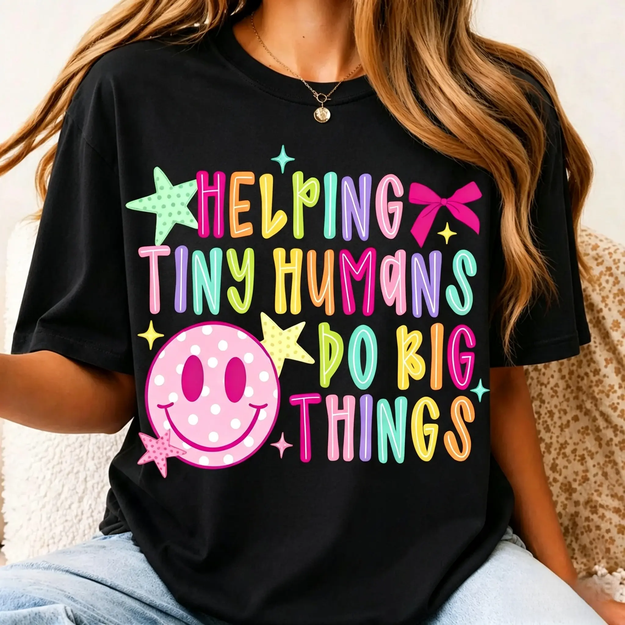 Women's Soft Loose Comfort Colors Graphic T-Shirt - Garment for Women's Clothes, Day Wear, Back to School Shopping; Helping Tiny Humans Do Big Things Print, Neon Crayon Smiley Tee